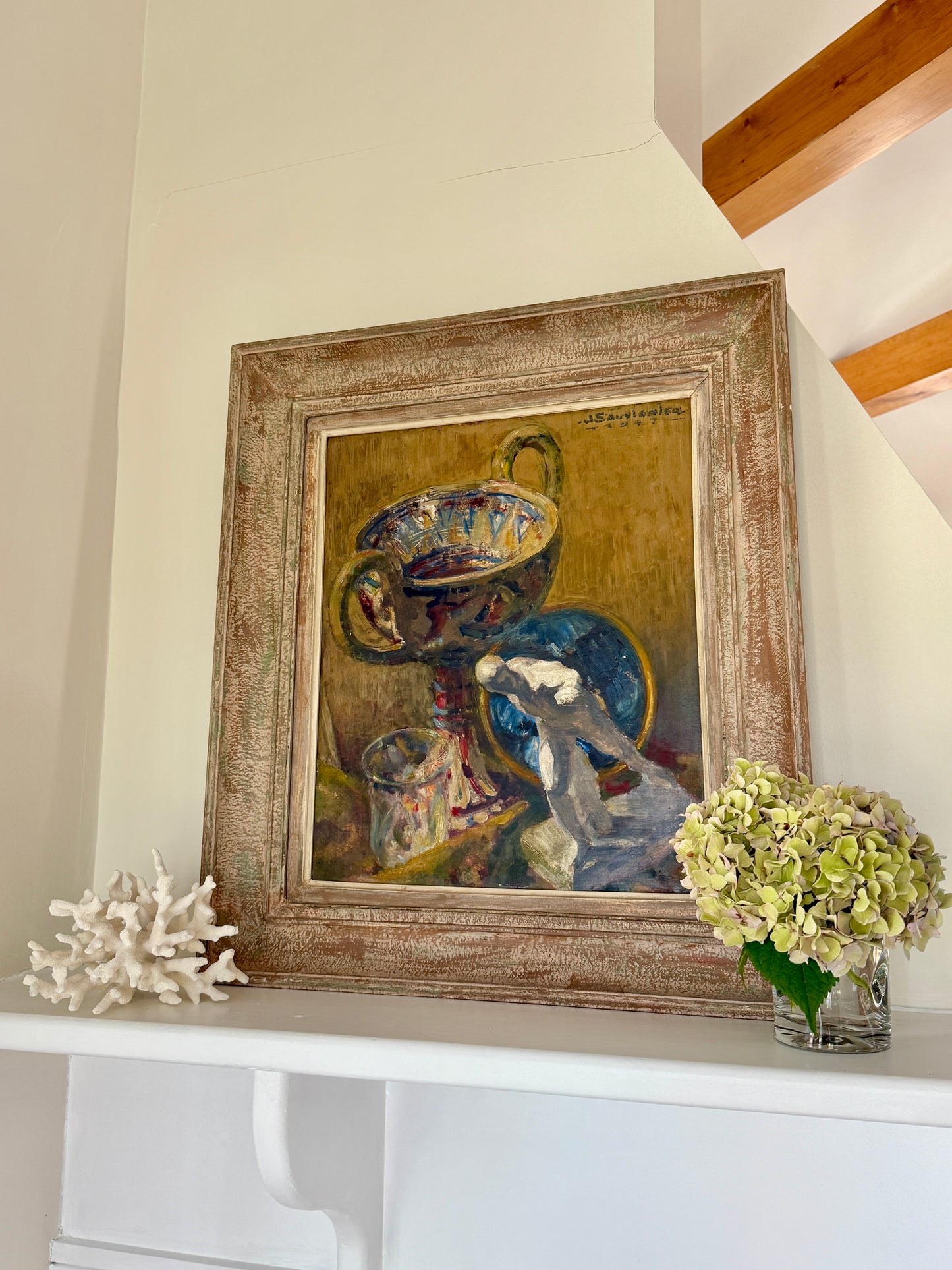 Jean Sauvignier 1947 Ancient Greek French Still Life Nature Morte Oil Painting in Washed Wood Frame