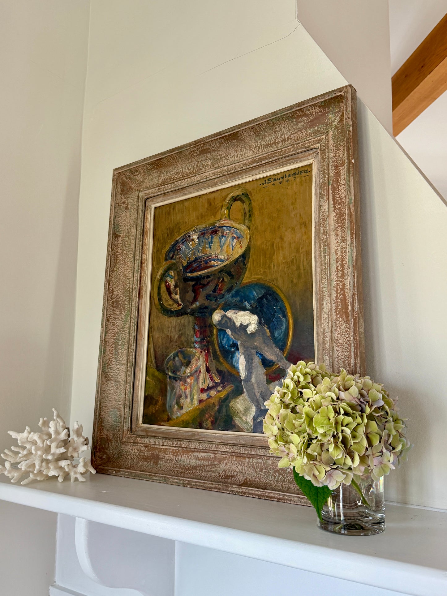 Jean Sauvignier 1947 Ancient Greek French Still Life Nature Morte Oil Painting in Washed Wood Frame