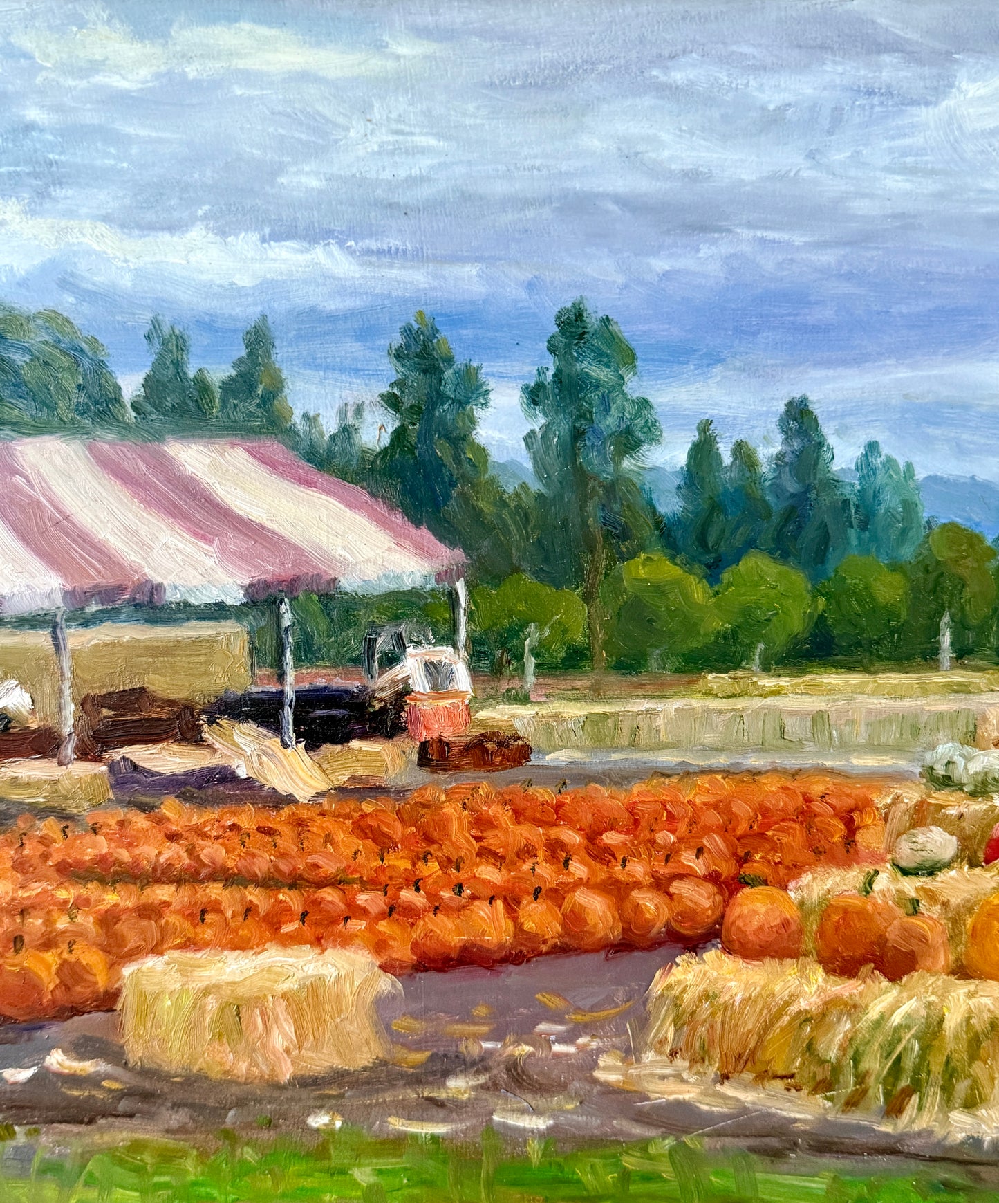 Youqing Wang Pumpkin Patch and Pink Striped Tent Oil Painting Landscape in Gold Frame