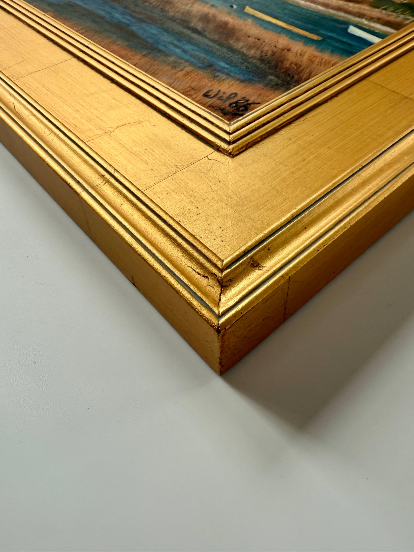 Vintage Martha's Vineyard Menemsha Harbor View Folk Painting in Gold Frame