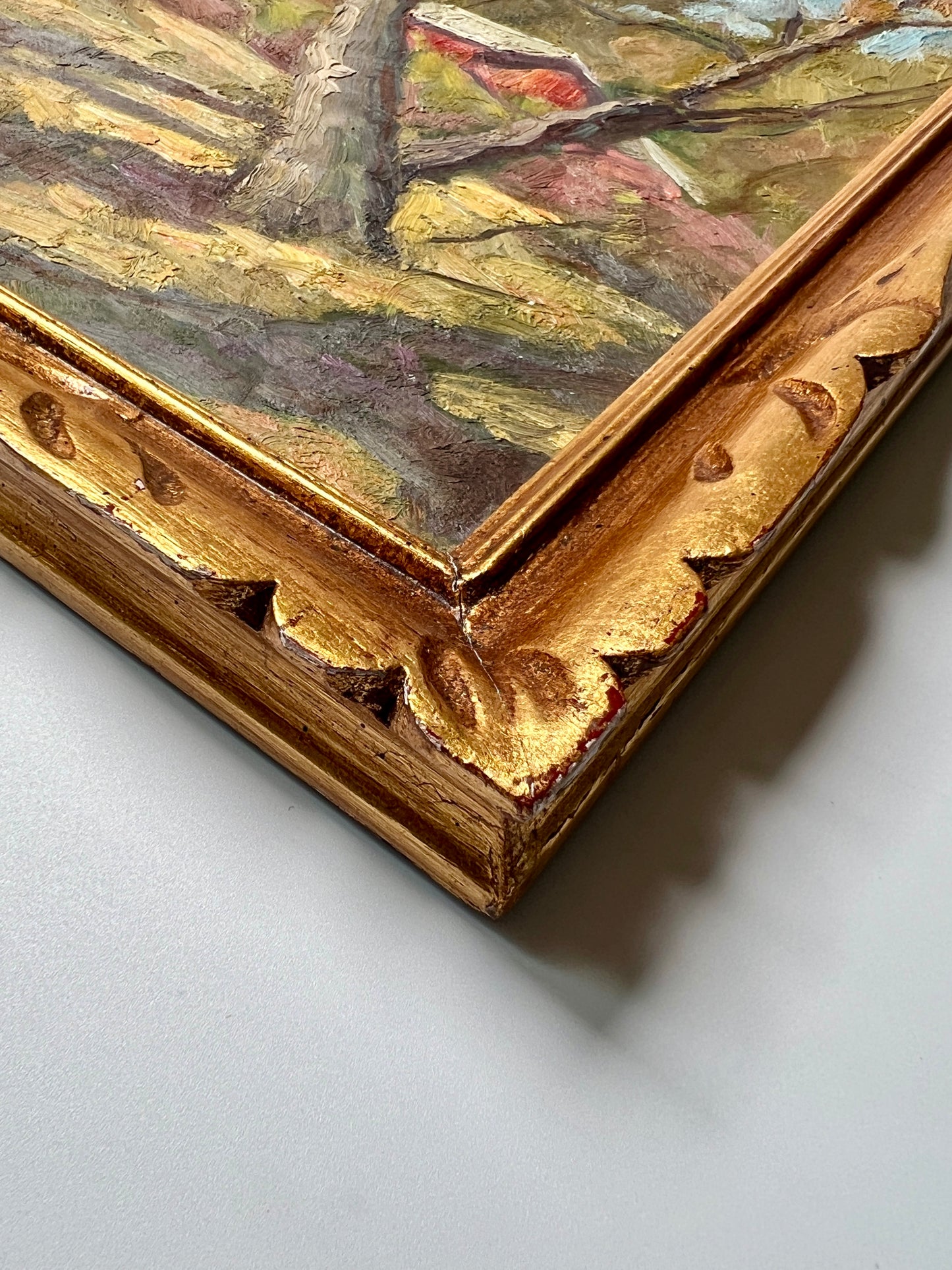 Vintage Impressionist Red Barn Landscape in Ornate Gold Frame