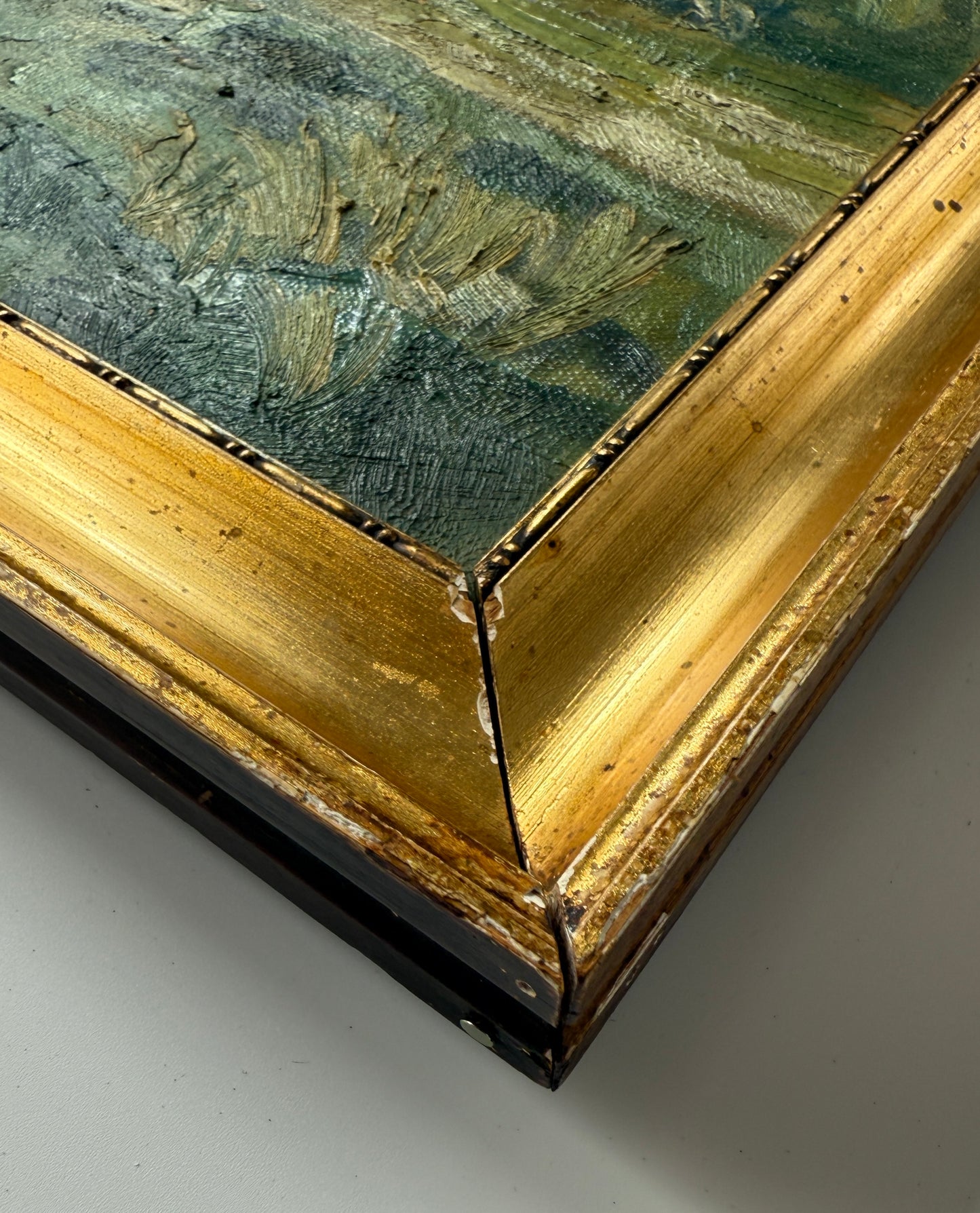 1934 Impressionist Coastal Landscape Seascape Oil Painting with Sailboat in Gold Frame