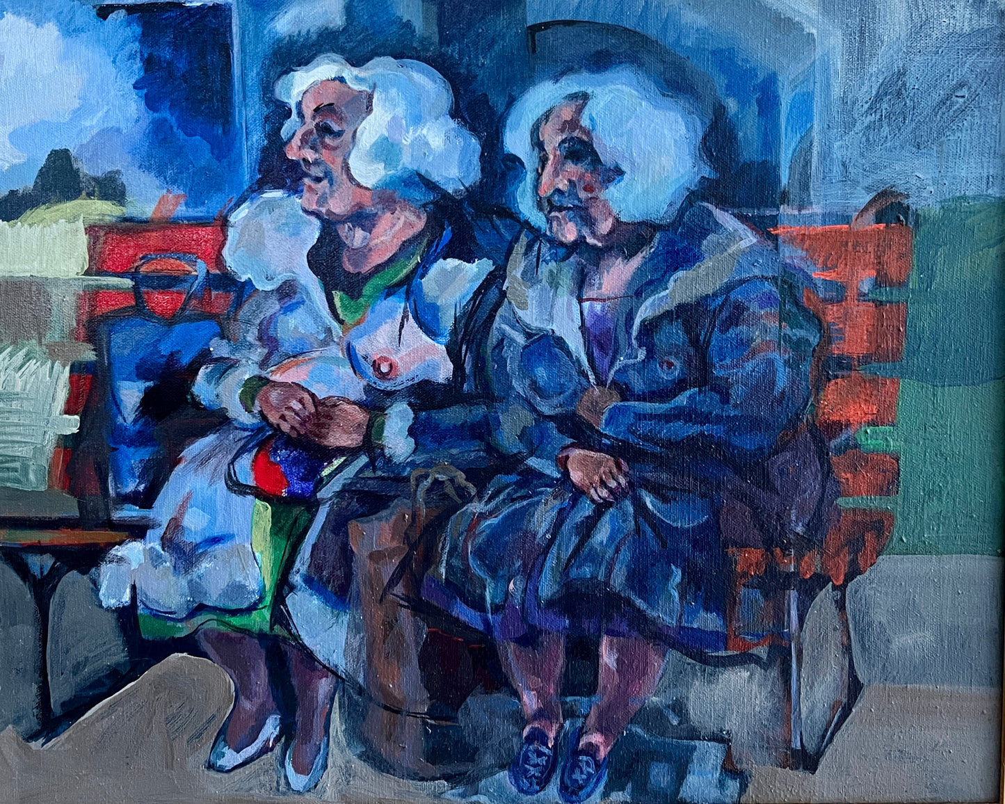 Marlene E. Miller (b. 1934) Girls' Day Out Semi-Nude Portrait of 2 Women Oil Painting in Gold Frame