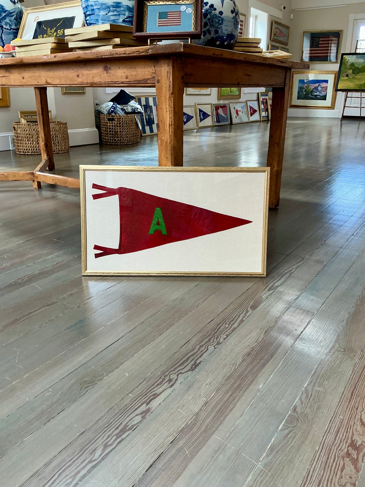 Early 20th Century Wool Felt Initial Pennant Flag "A" on Sail Cloth in Vintage Gold Frame