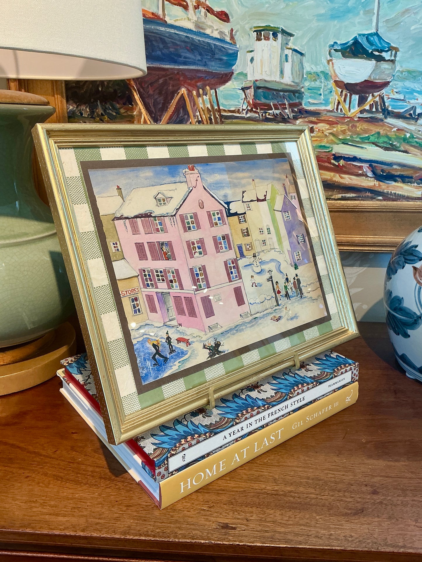 Victoria Donohue Pastel Winter Houses Watercolor Painting on Green Gingham in Gold Frame