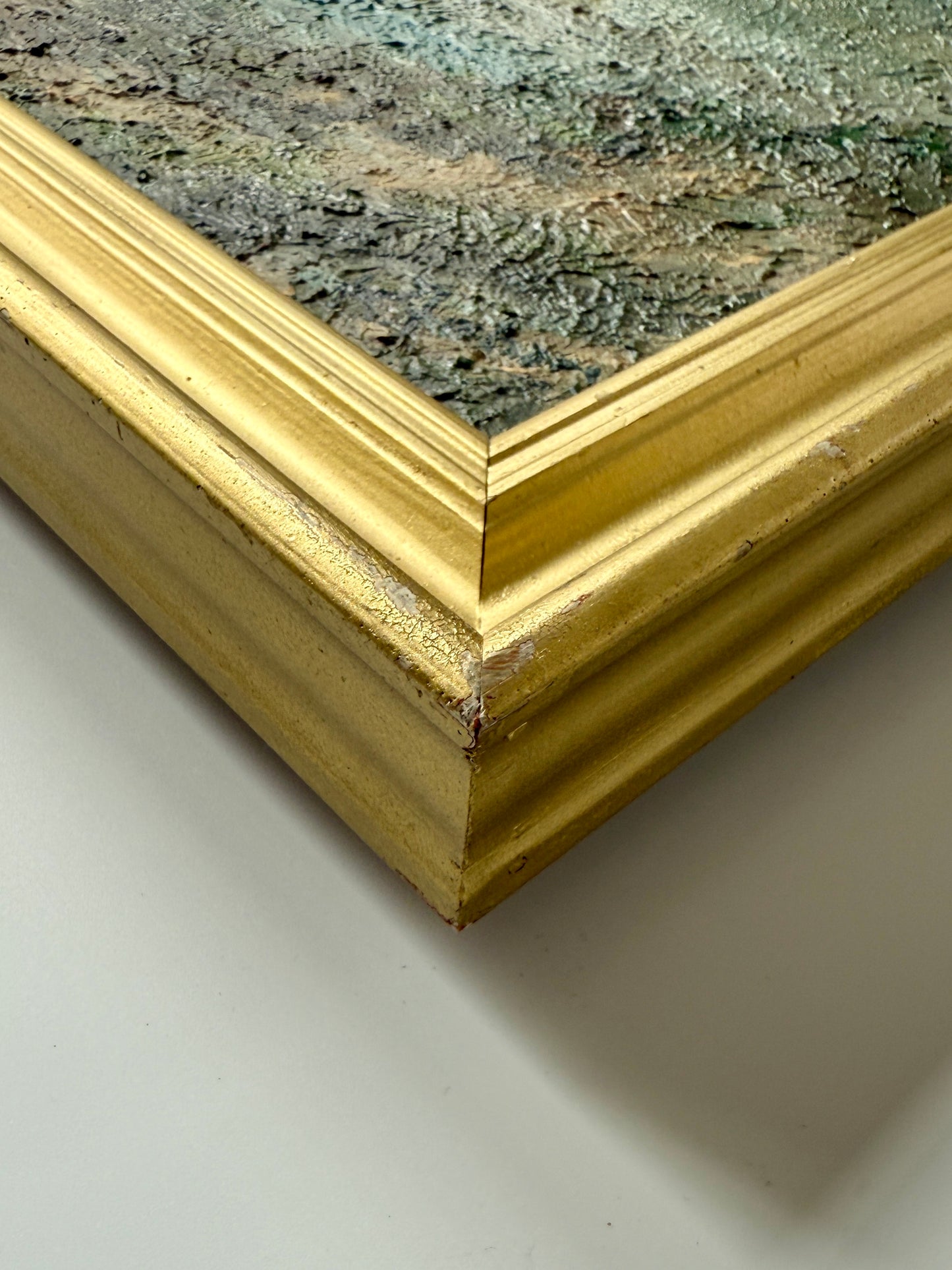 Mid Century Impasto Coastal Beach Landscape Oil Painting in Gold Frame