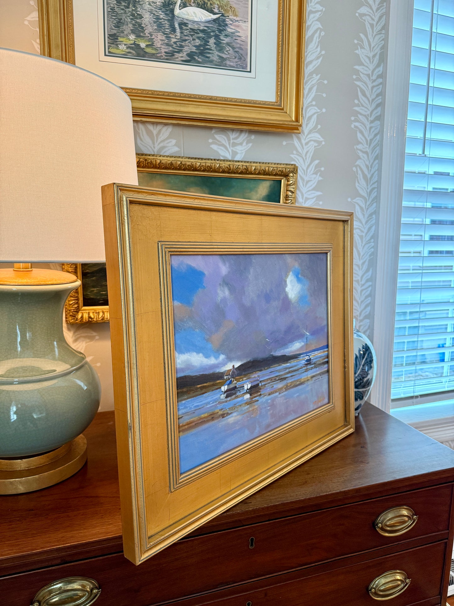 Zlatan Pilipovic Harbor Reflections Seascape Oil Painting in Gold Frame