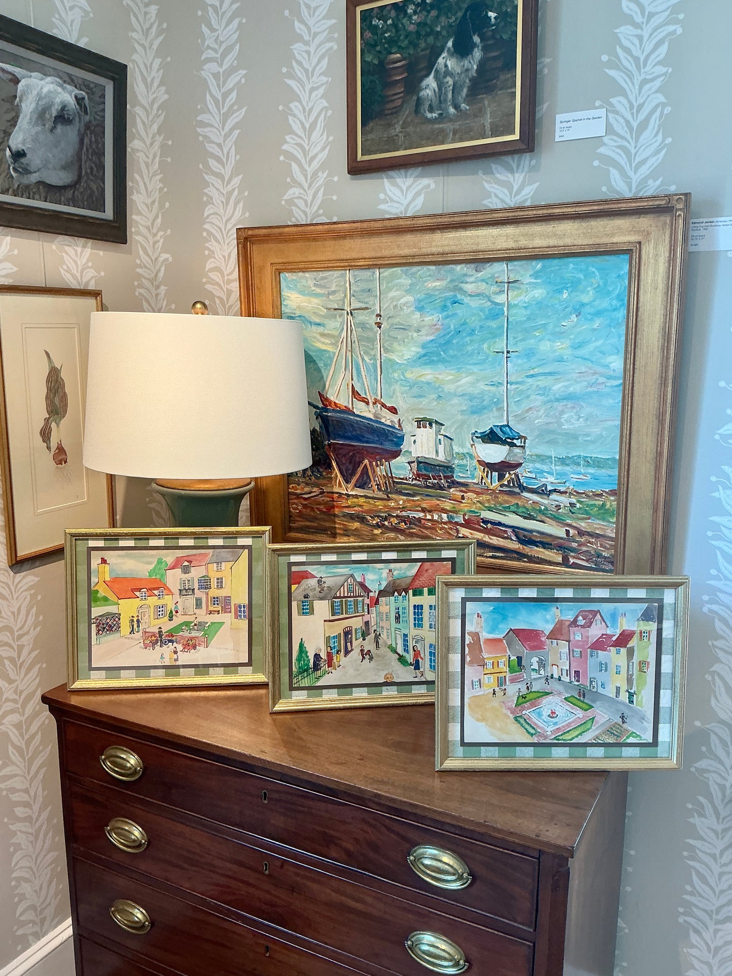 Victoria Donohue Nosey Neighbors Townscape Watercolor Painting on Green Gingham in Gold Frame