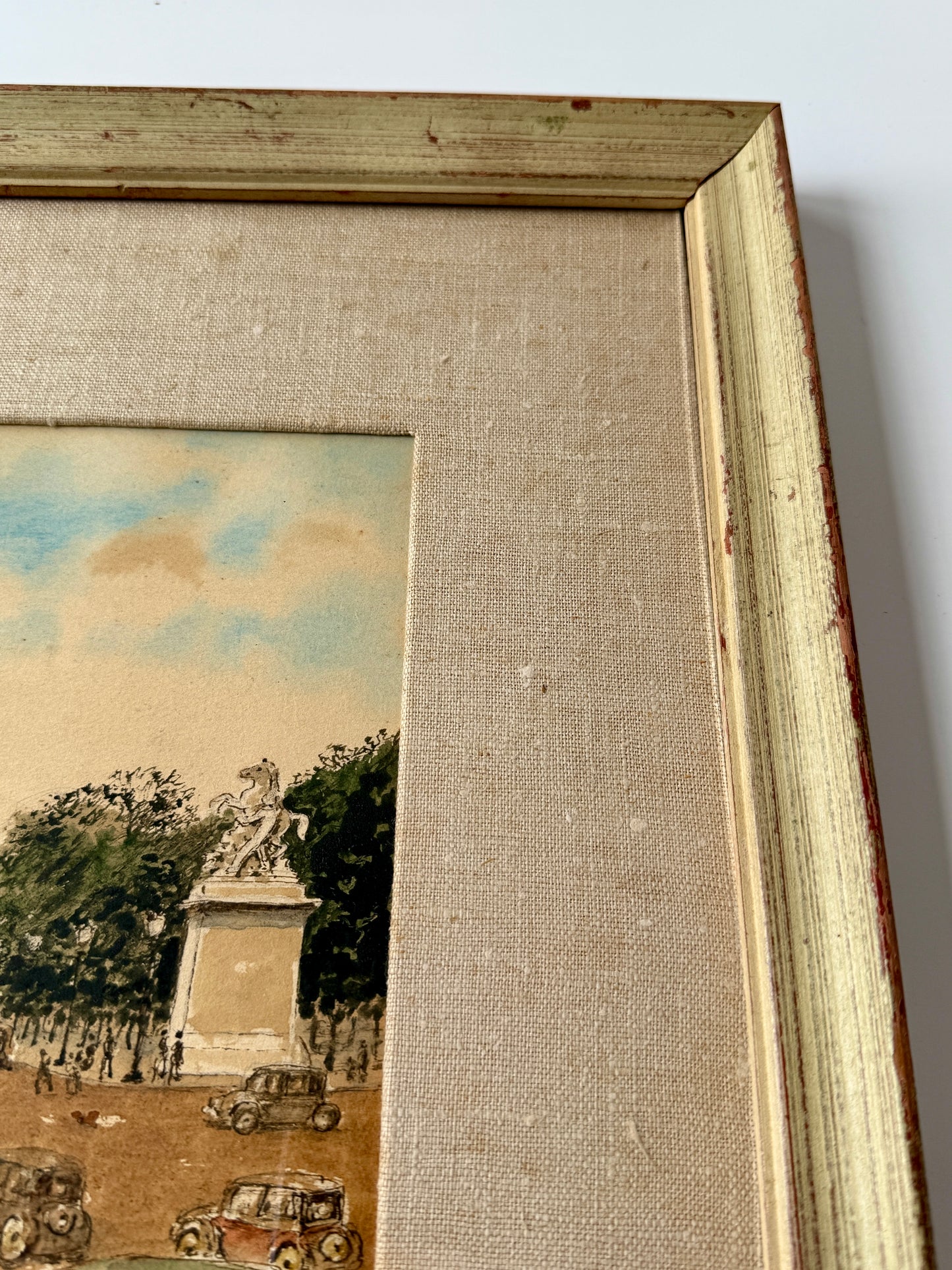 Amedee Prevost Champs-Élysées Paris Watercolor Gouache Painting in Painted Frame