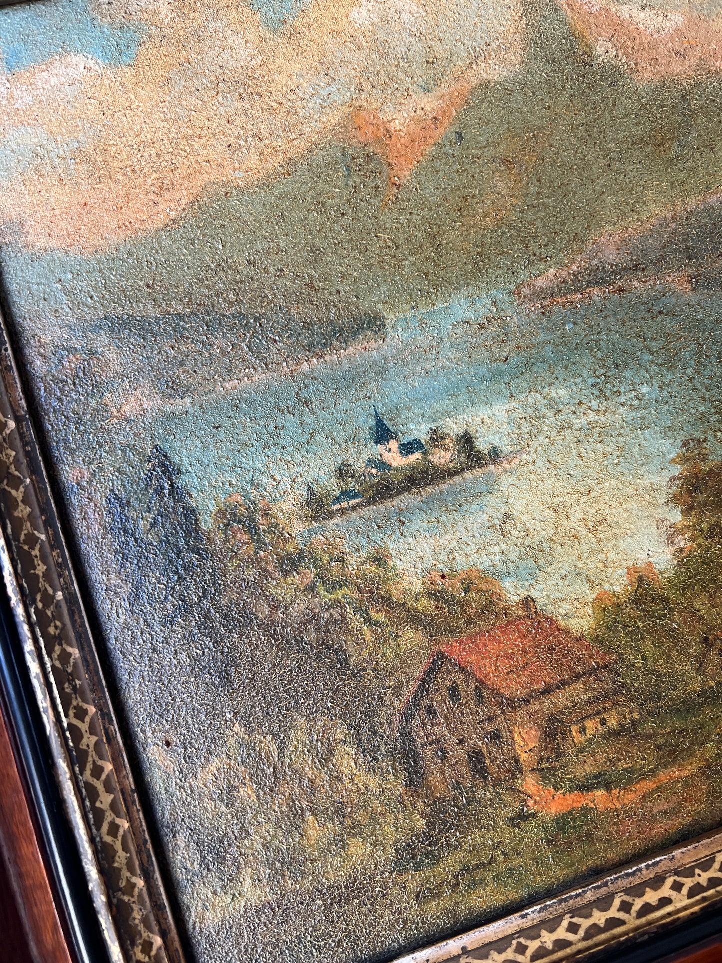 19th Century European Landscape Oil Painting in Eastlake Gold Wood Frame
