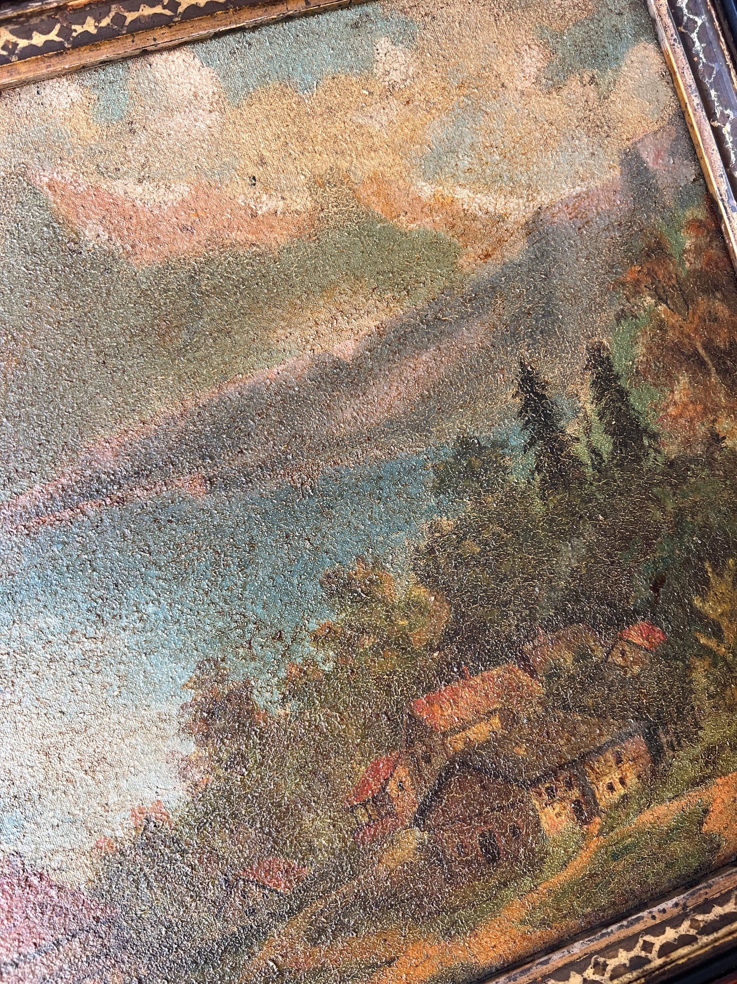 19th Century European Landscape Oil Painting in Eastlake Gold Wood Frame