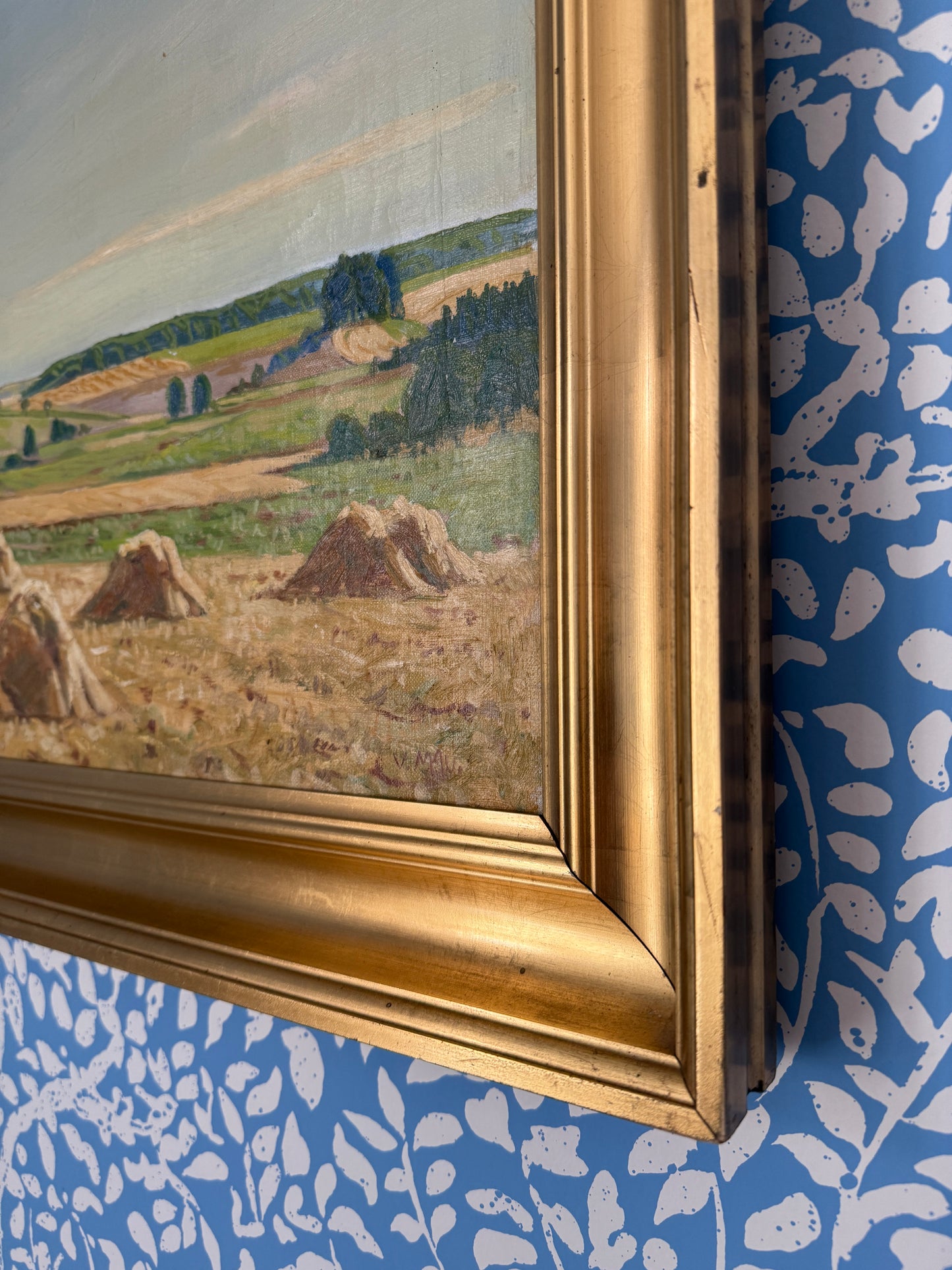 Mid Century Hay Field Sprawling Farm Landscape Oil Painting in Gold Frame