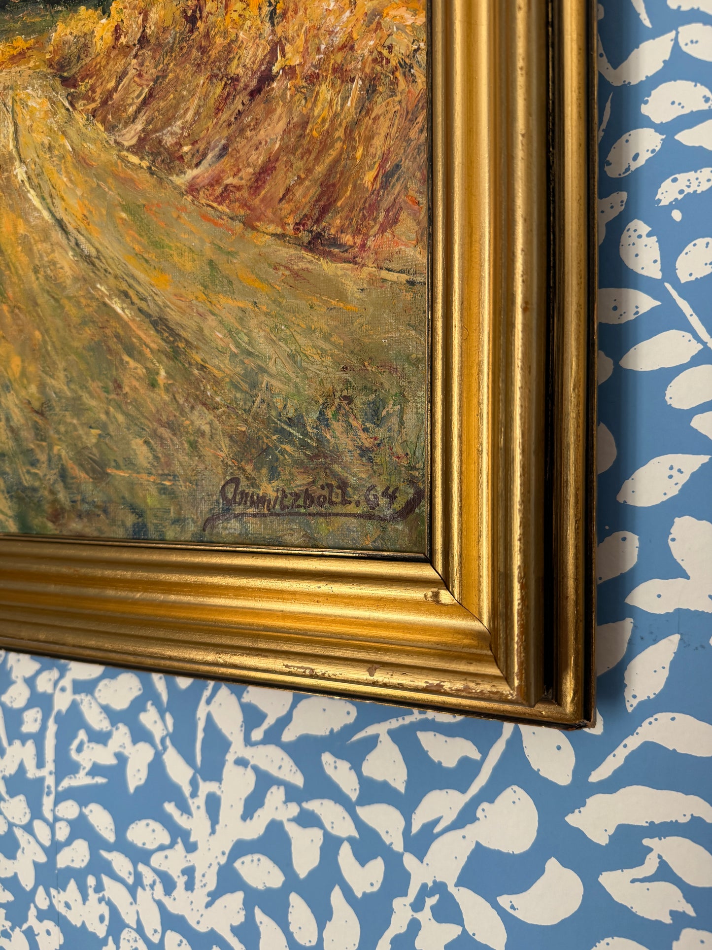 1964 Hillside Evergreen Landscape Oil Painting in Gold Frame