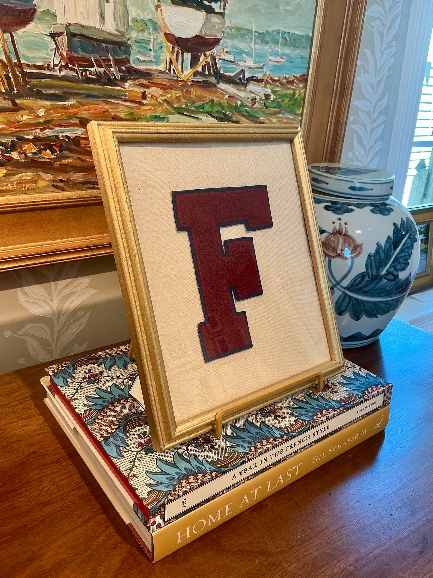 Vintage Maroon and Navy Varsity Letter Initial F on Ivory Duck Cloth in Gold Frame