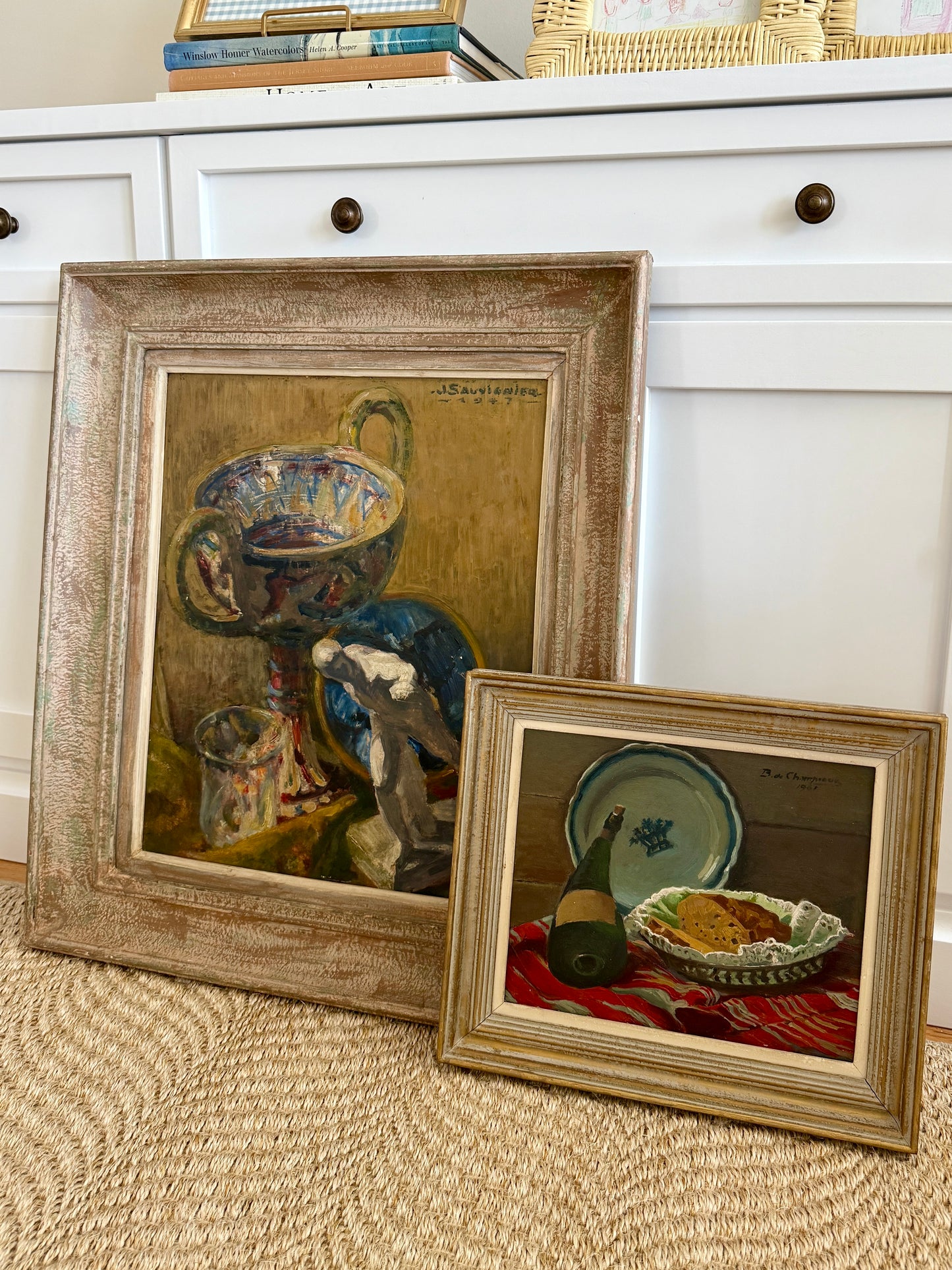 Bertrand Edouard de Champeaux French Tabletop Still Life Armagnac and Blue and White Plate Oil Painting in Gold Frame