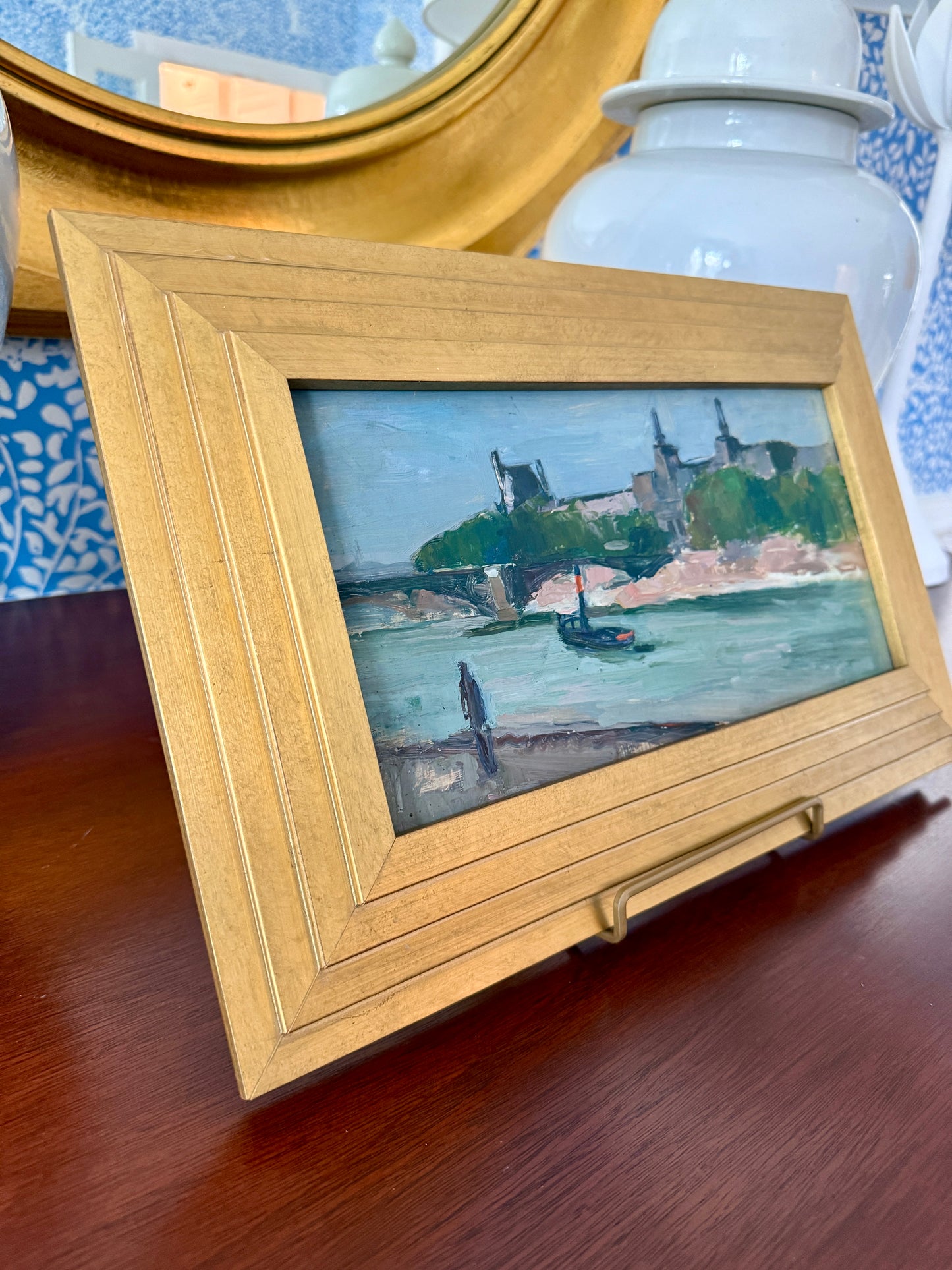 Paul Wescott The Louvre from the Seine River Paris, France Oil Painting in Gold Frame