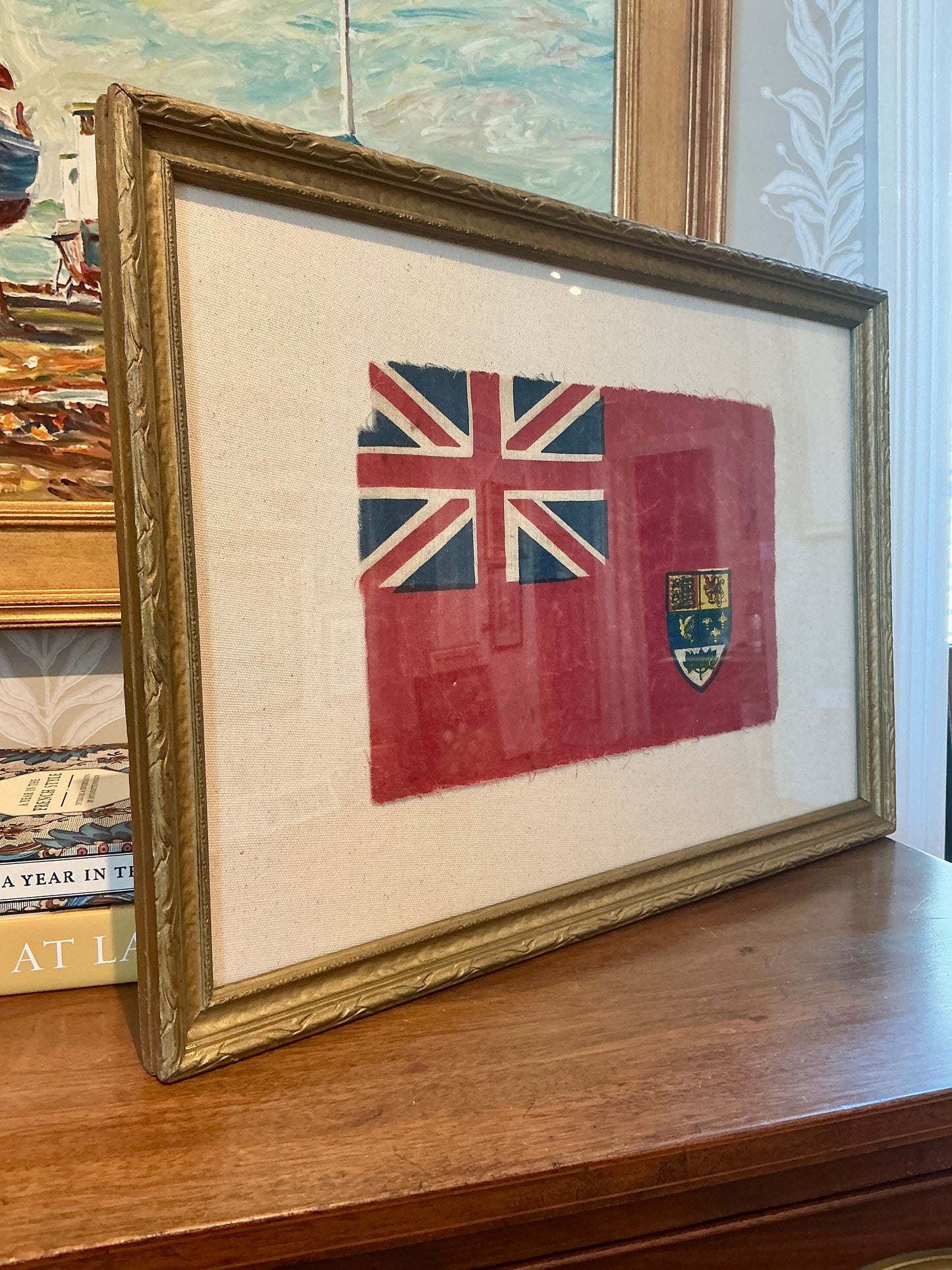 Old Maritime Canadian Ensign Flag on Ivory Duck Cloth in Antique Gold Frame