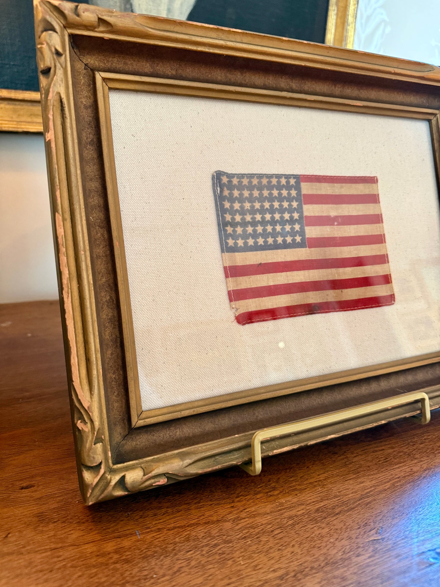 Old 48 Star American Parade Flag on Natural Twill in 19th Century Carved Frame