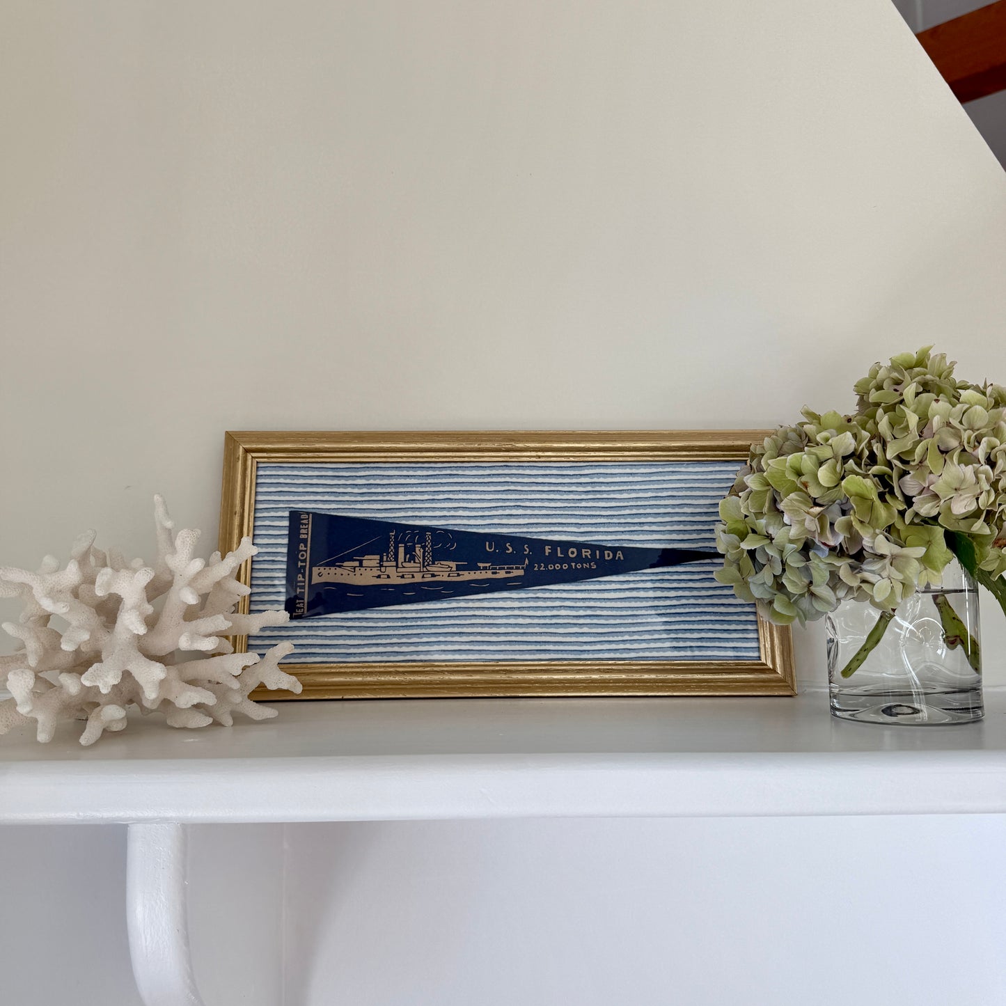 Early 20th Century U.S.S. Florida Naval Ship Wool Pennant on Blue Wavy Stripes in Gold Frame