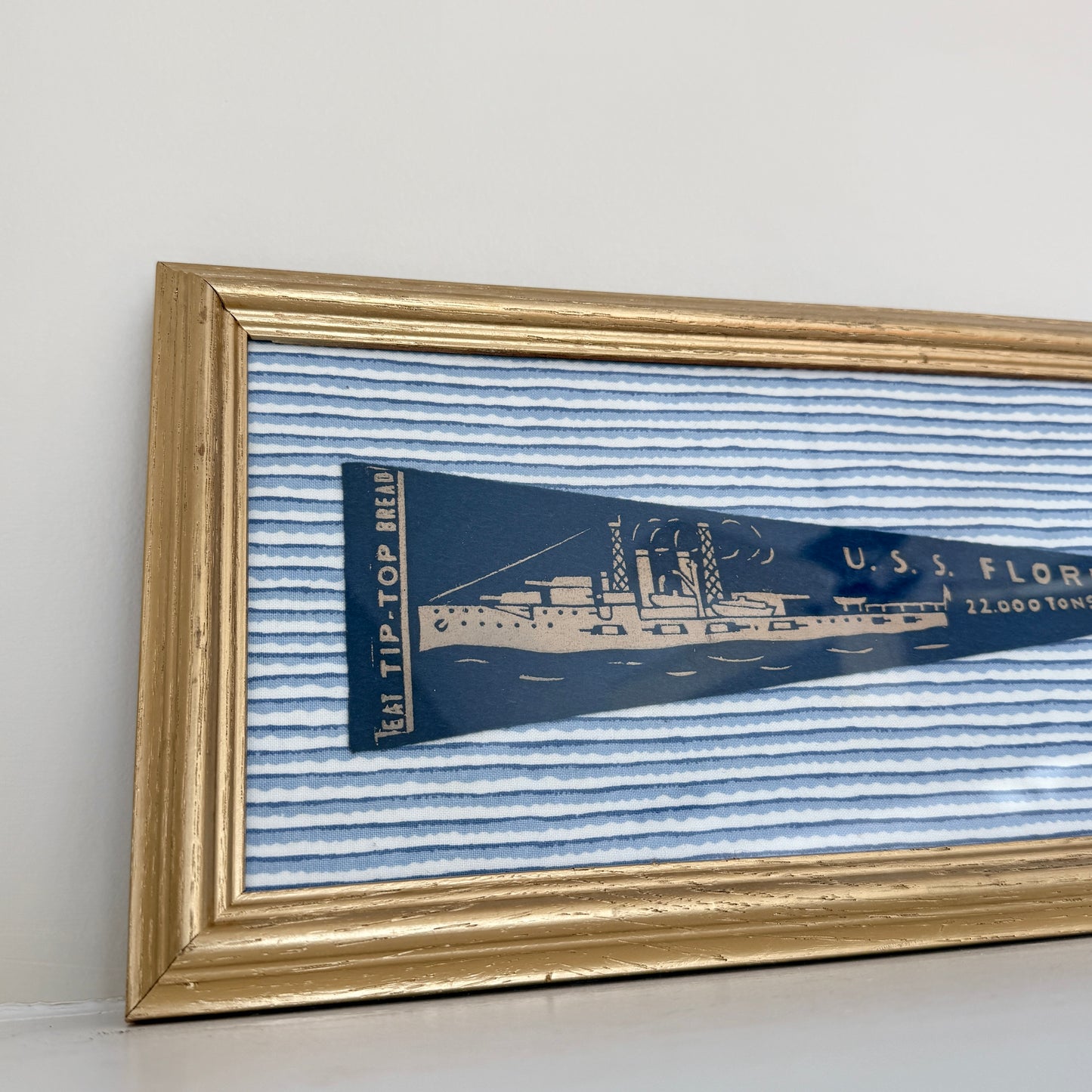 Early 20th Century U.S.S. Florida Naval Ship Wool Pennant on Blue Wavy Stripes in Gold Frame