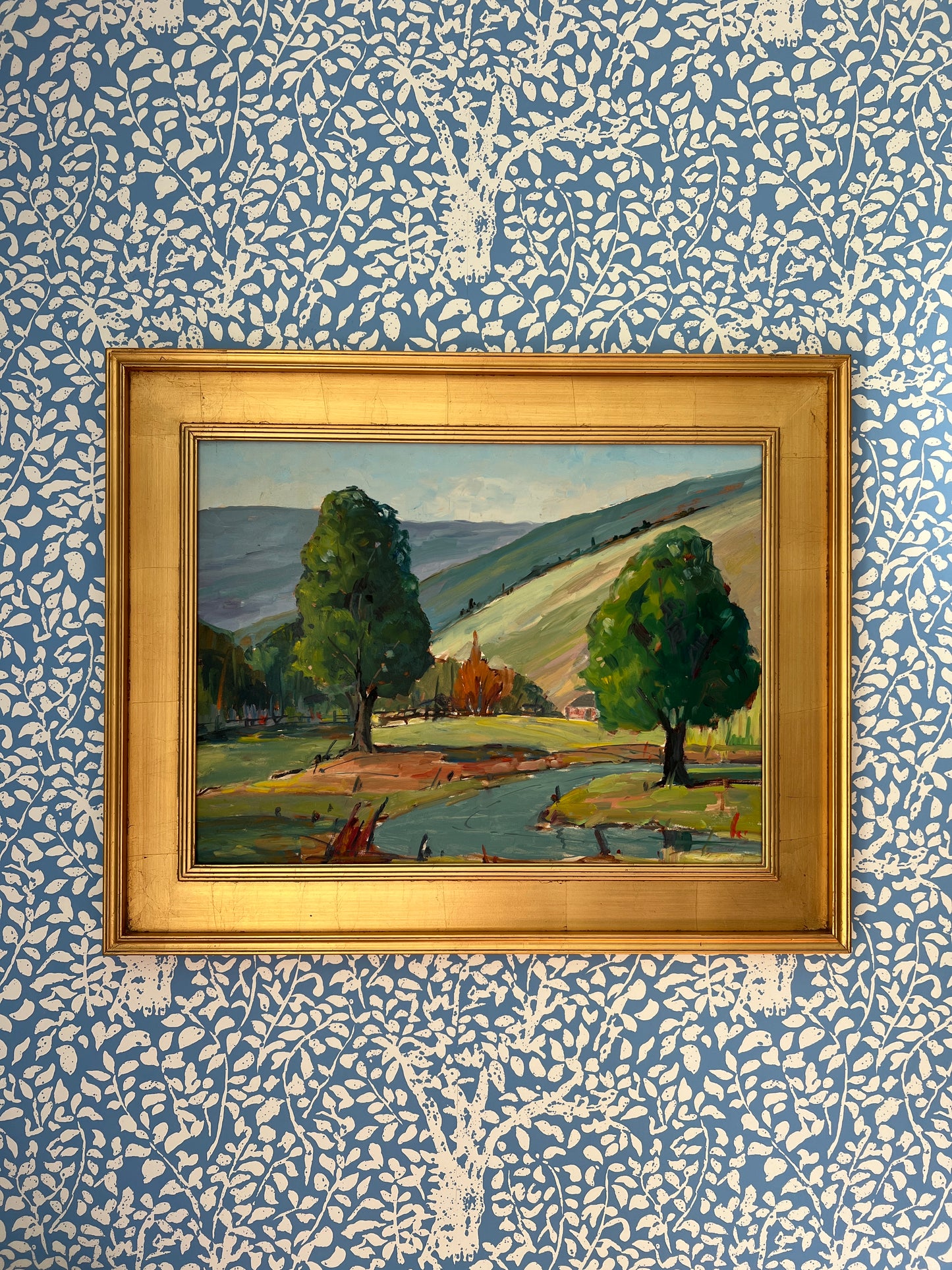 Vintage Dreamlike Impressionist Landscape Painting in Gold Frame