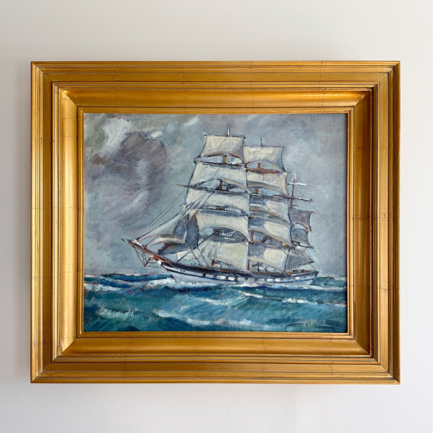 Ruth Wilcox Full Rigger Large American Clipper Ship Portrait Oil Painting in Gold Frame