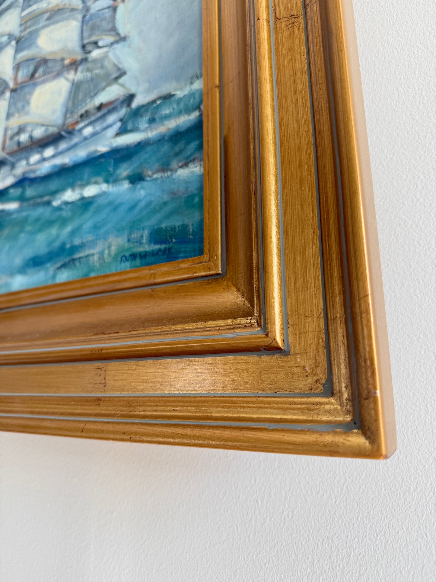 Ruth Wilcox Full Rigger Large American Clipper Ship Portrait Oil Painting in Gold Frame