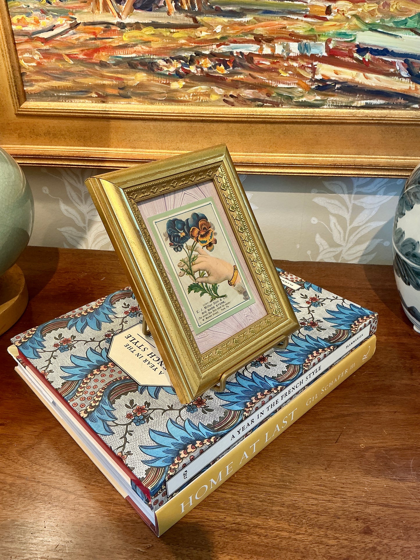 Late 19th Century E. J. Miller and Son Shoe Store Advertisement Card on Purple Hand Marbled Paper in Gold Frame