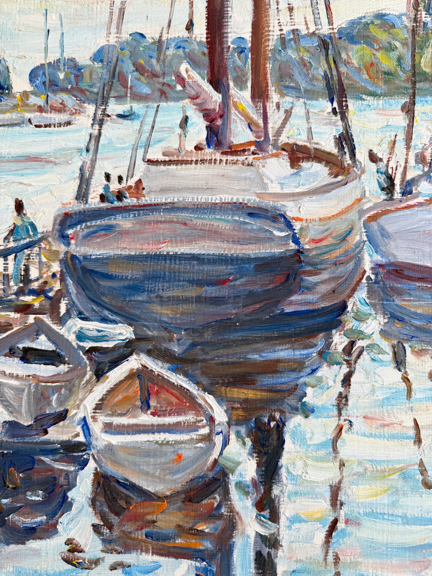 Edmund Jordan Camden Harbor Maine Overcast Morning Oil Painting in Gold Frame