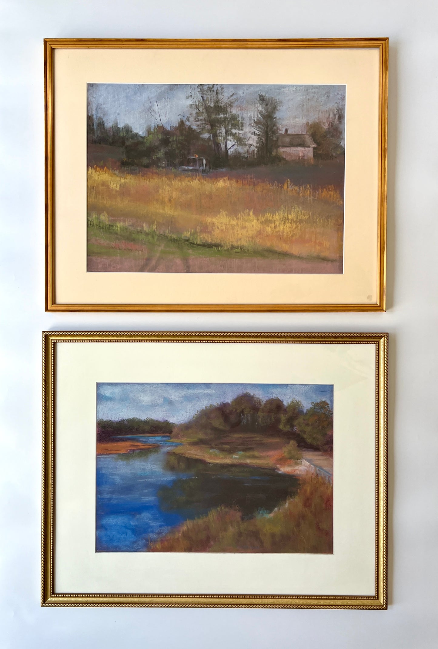 Rebecca Yates Shorb Pastel Marsh Landscape in Gold Rope Frame