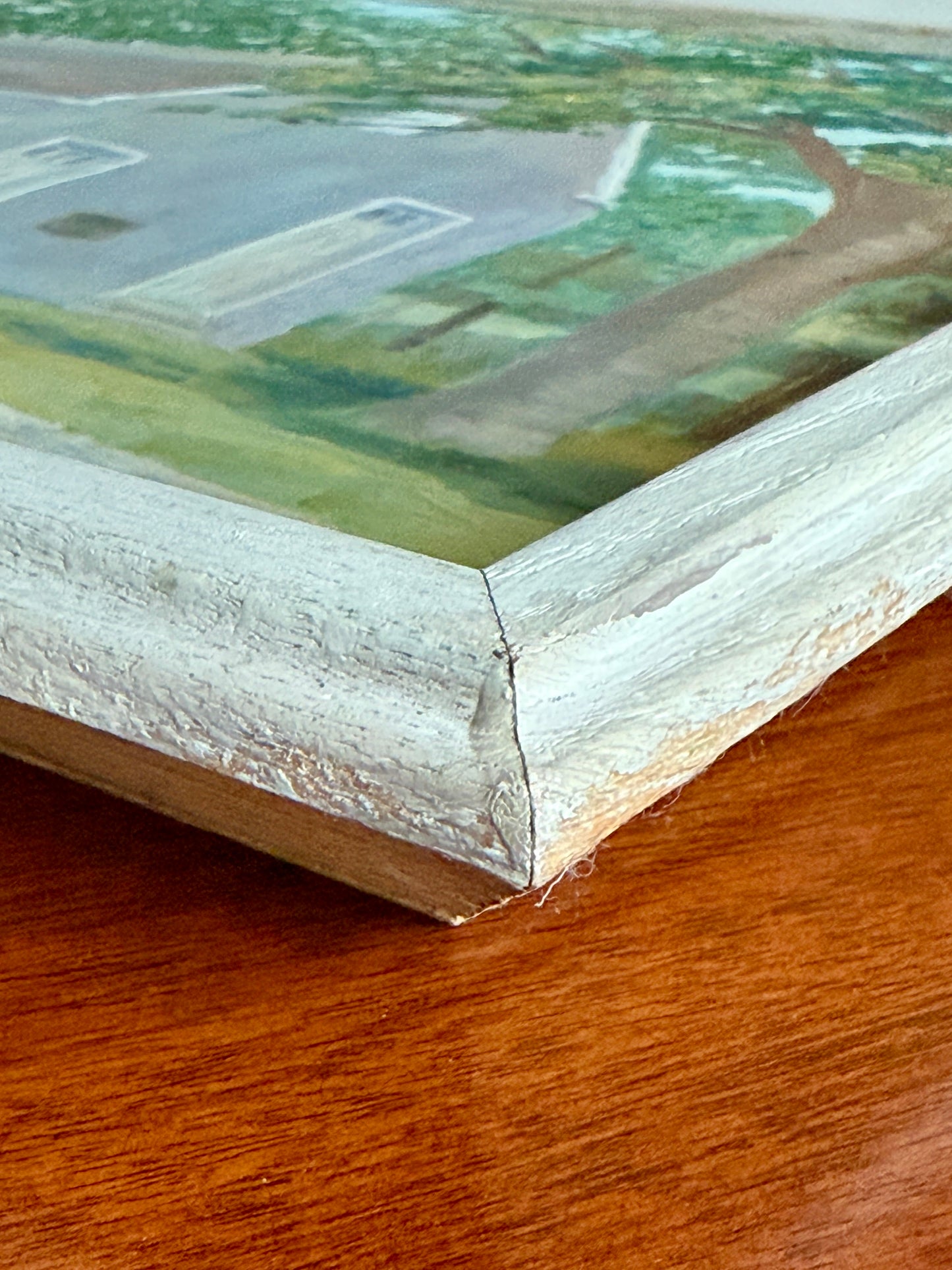 Vintage Oil Painting of a Pennsylvania Meeting House in Wooded Landscape in White Wood Frame