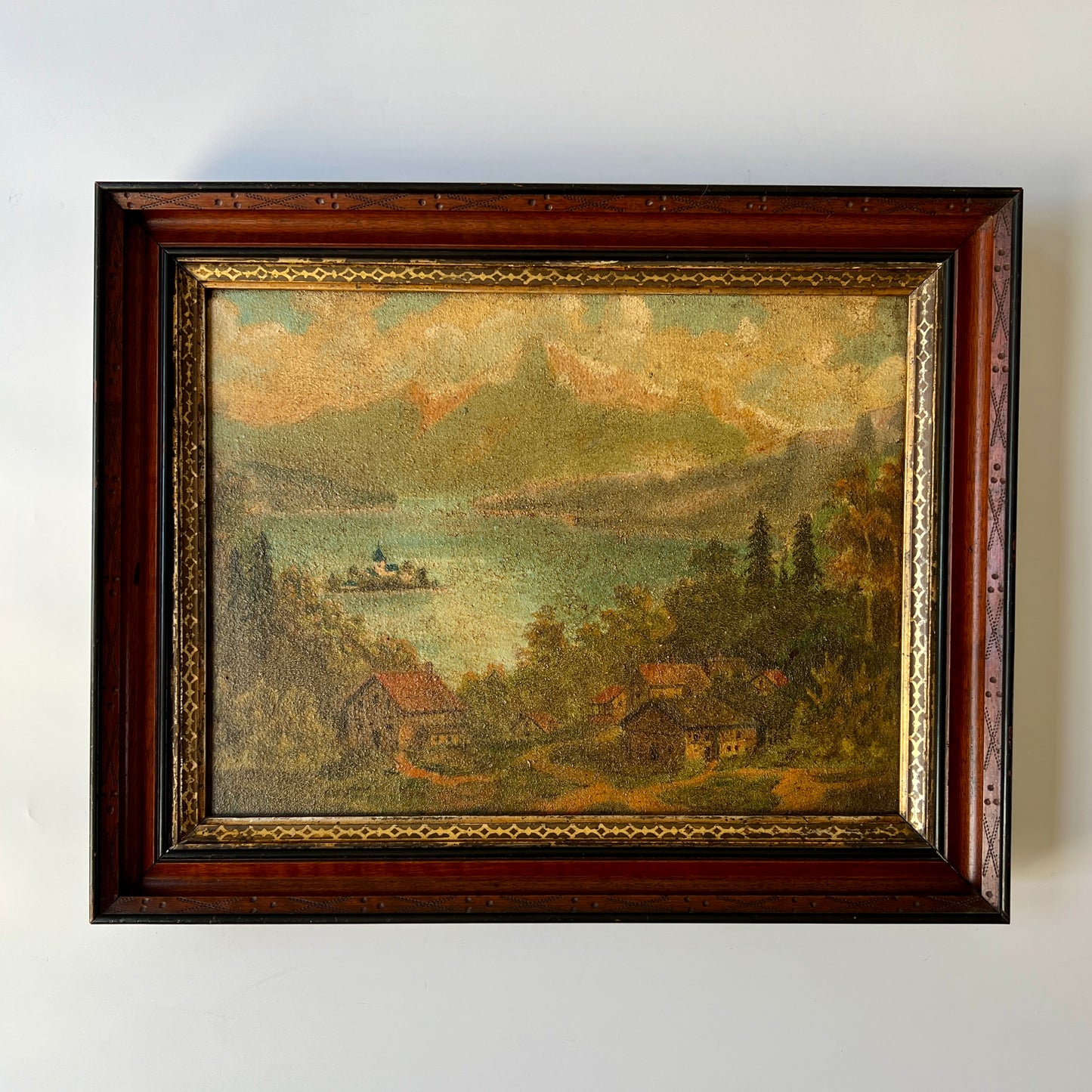 19th Century European Landscape Oil Painting in Eastlake Gold Wood Frame