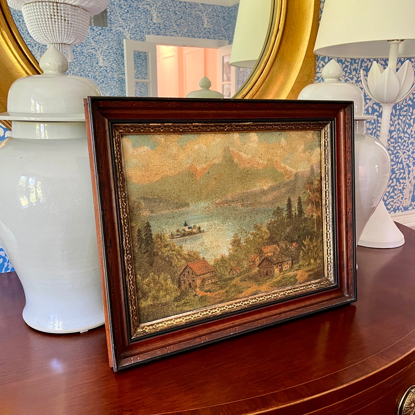 19th Century European Landscape Oil Painting in Eastlake Gold Wood Frame