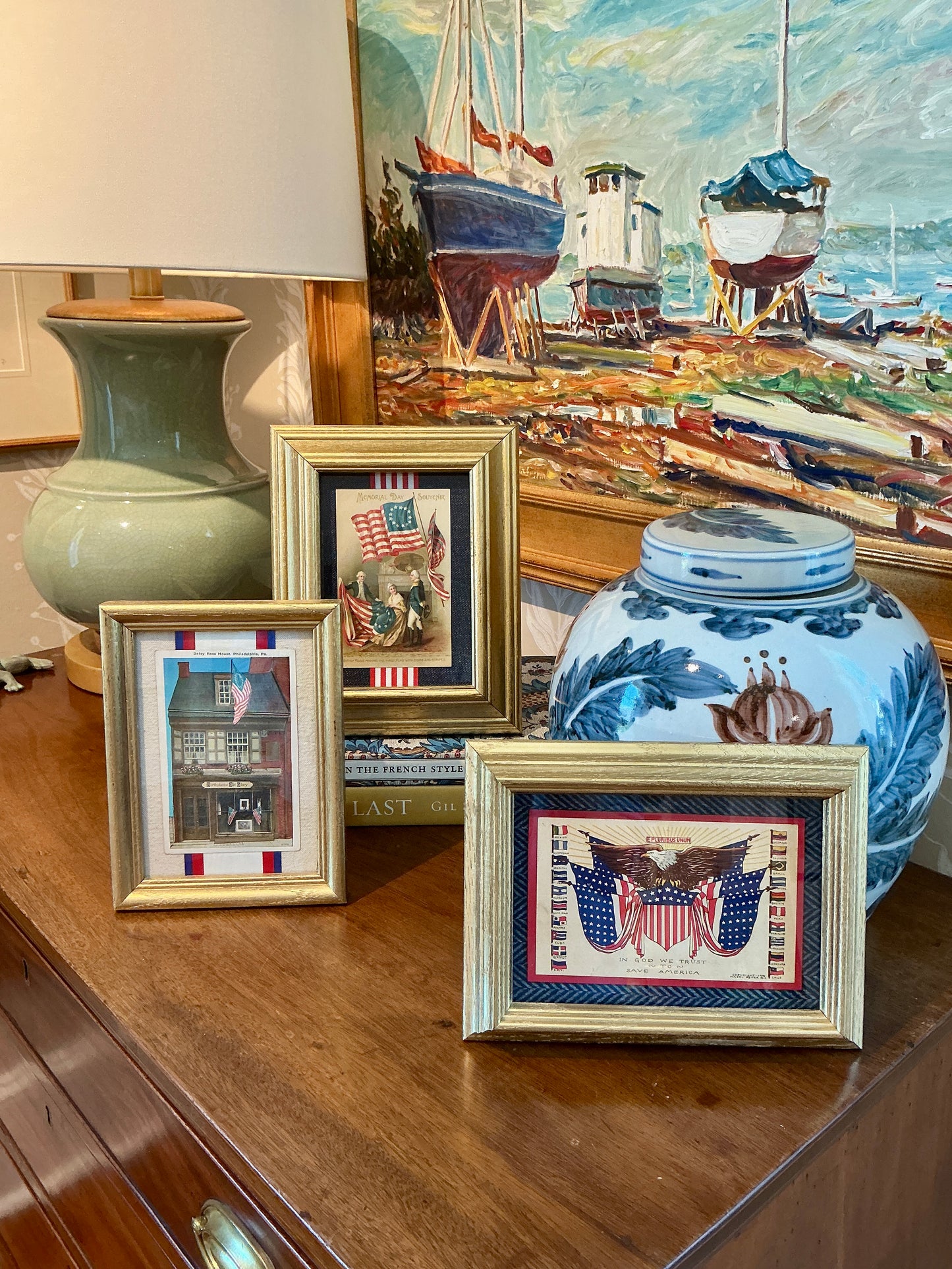 Memorial Day First Flag Souvenir Postcard on Chambray in Gold Frame