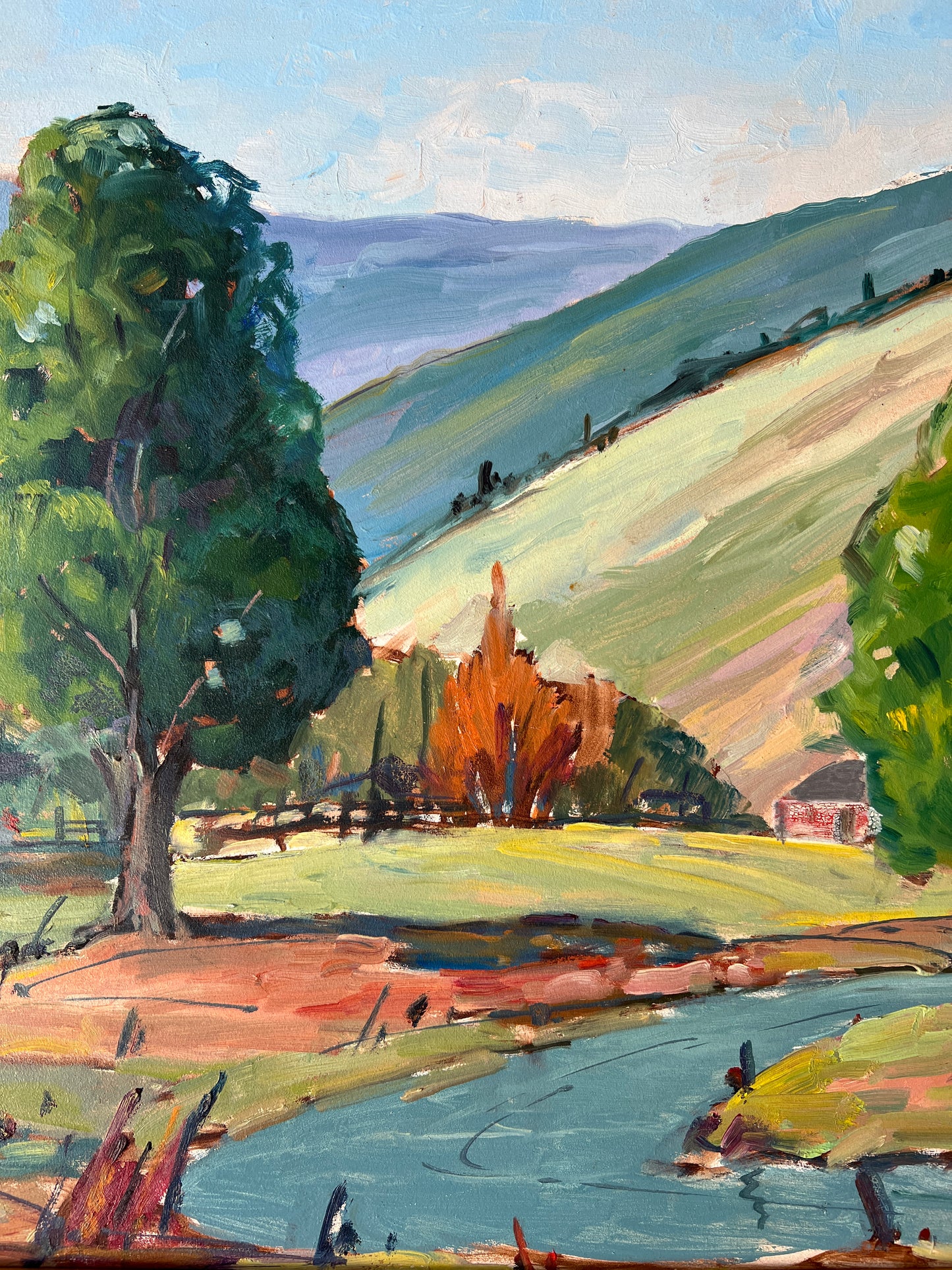 Vintage Dreamlike Impressionist Landscape Painting in Gold Frame