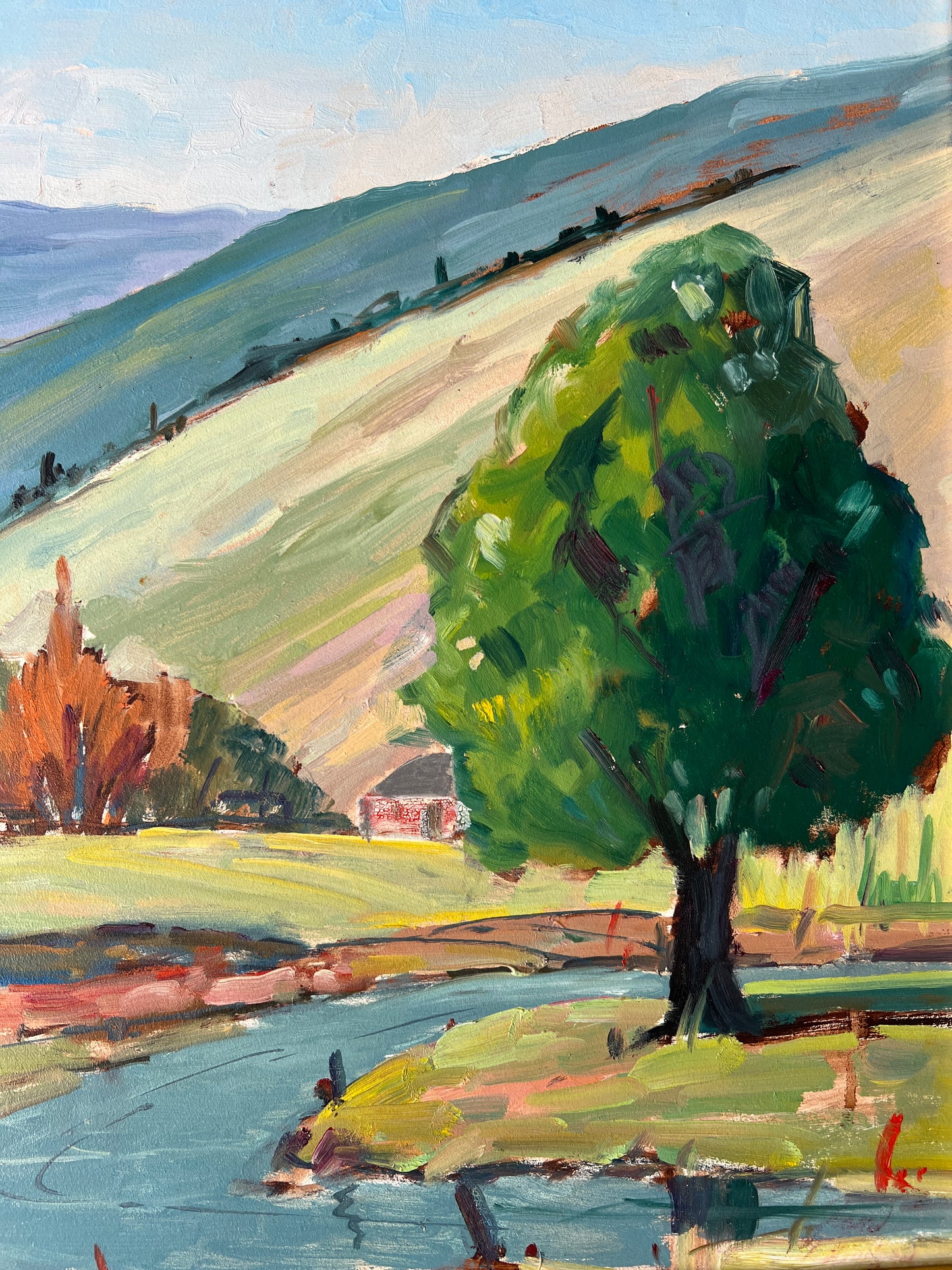 Vintage Dreamlike Impressionist Landscape Painting in Gold Frame