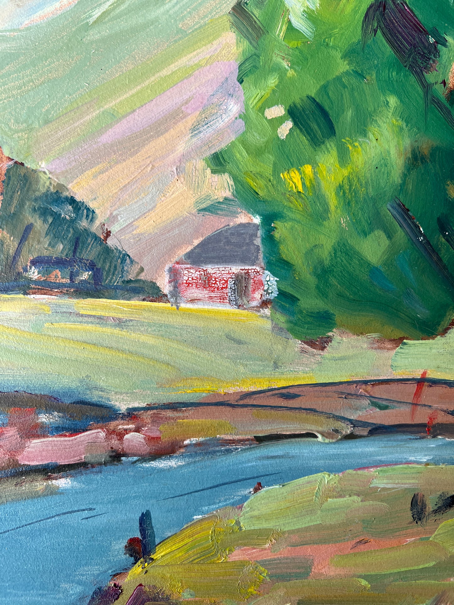 Vintage Dreamlike Impressionist Landscape Painting in Gold Frame