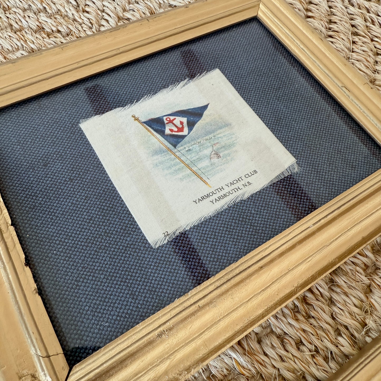 Set of 4 Antique Yacht Boating Club Silks on Navy Linen in Gold Frames (Set D)