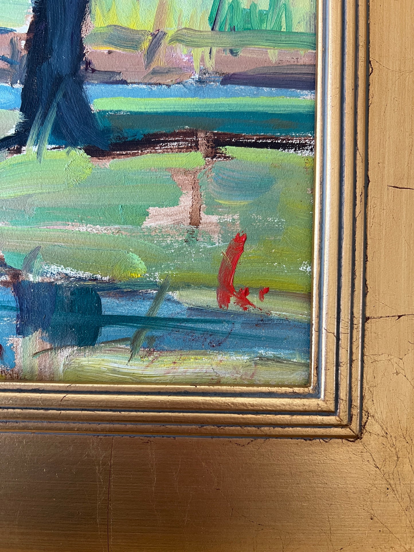 Vintage Dreamlike Impressionist Landscape Painting in Gold Frame