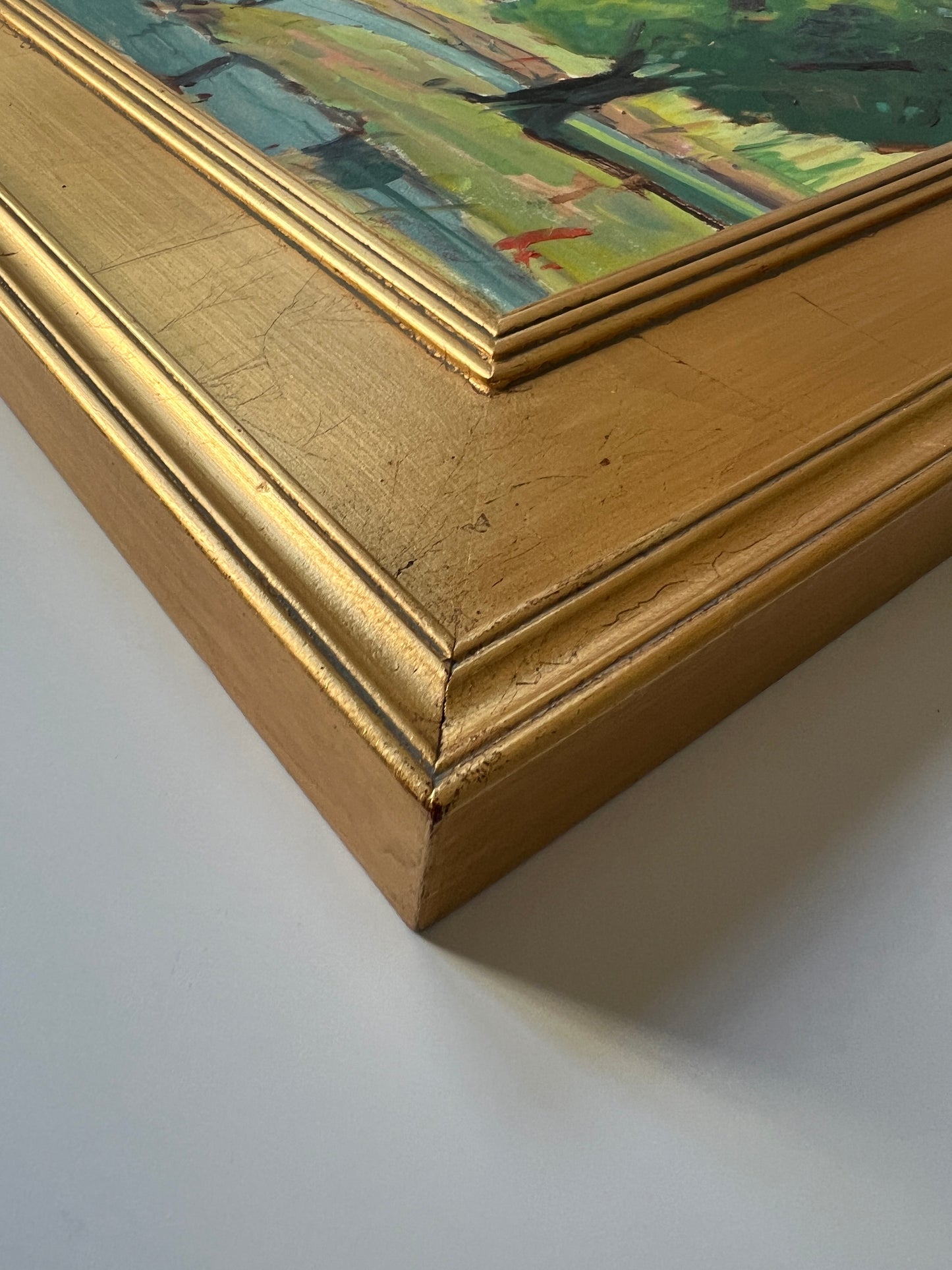 Vintage Dreamlike Impressionist Landscape Painting in Gold Frame