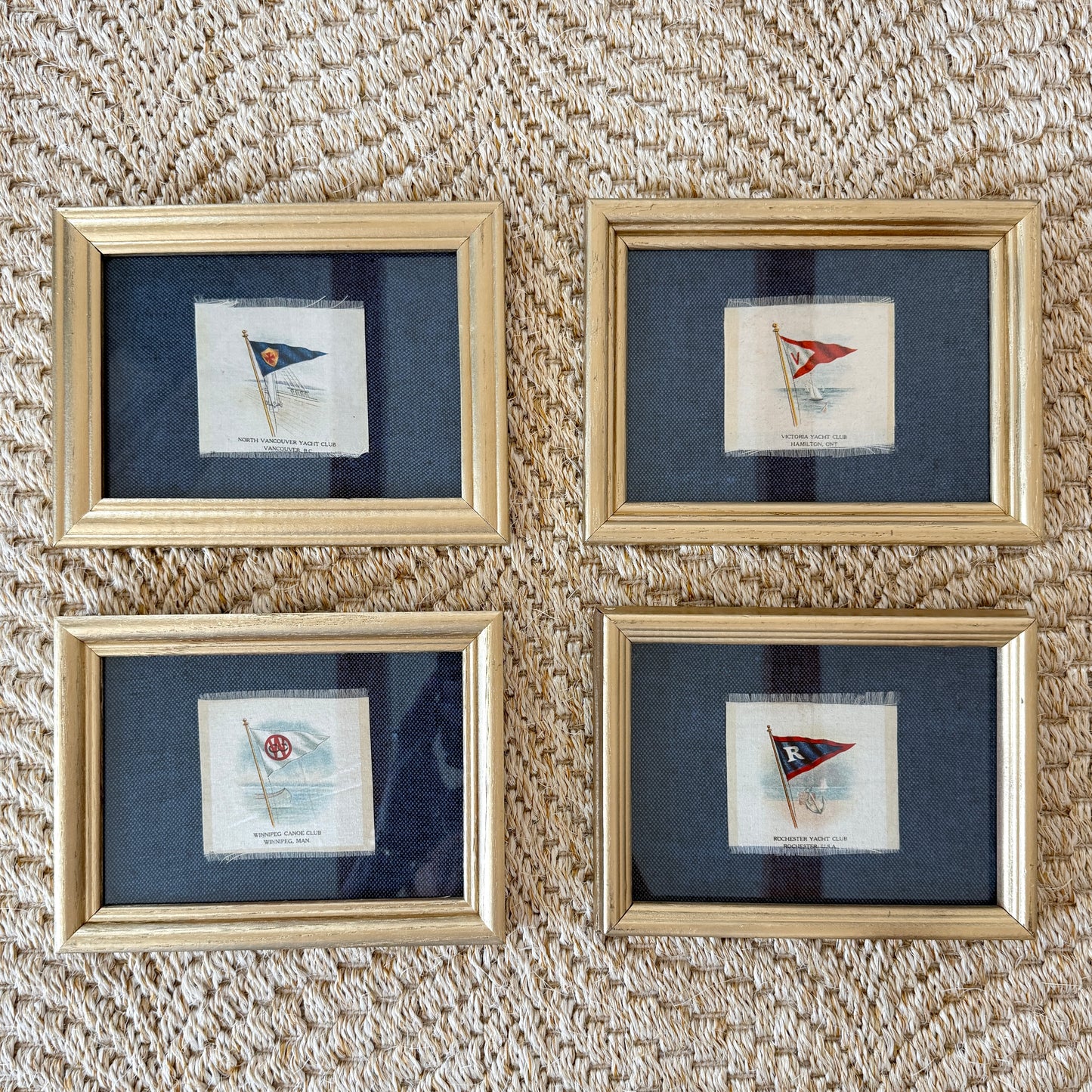 Set of 4 Antique Yacht Boating Club Silks on Navy Linen in Gold Frames (Set E)