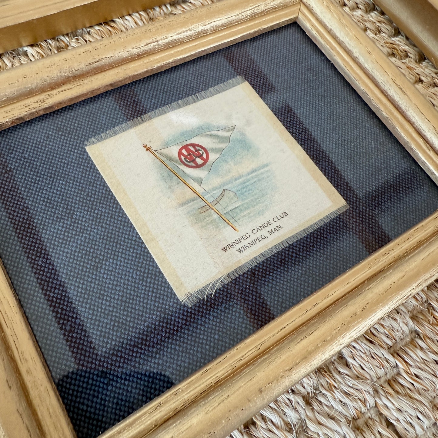 Set of 4 Antique Yacht Boating Club Silks on Navy Linen in Gold Frames (Set E)