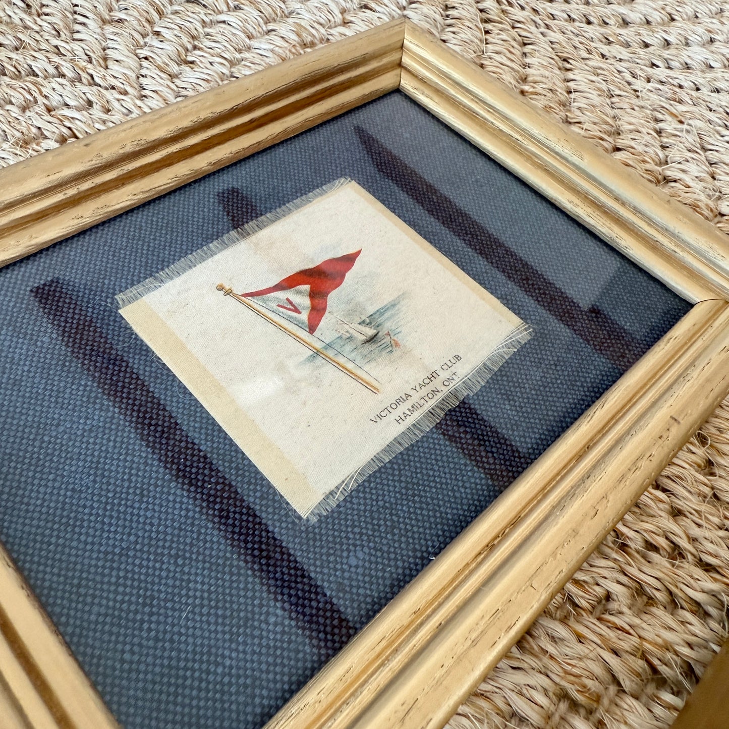 Set of 4 Antique Yacht Boating Club Silks on Navy Linen in Gold Frames (Set E)