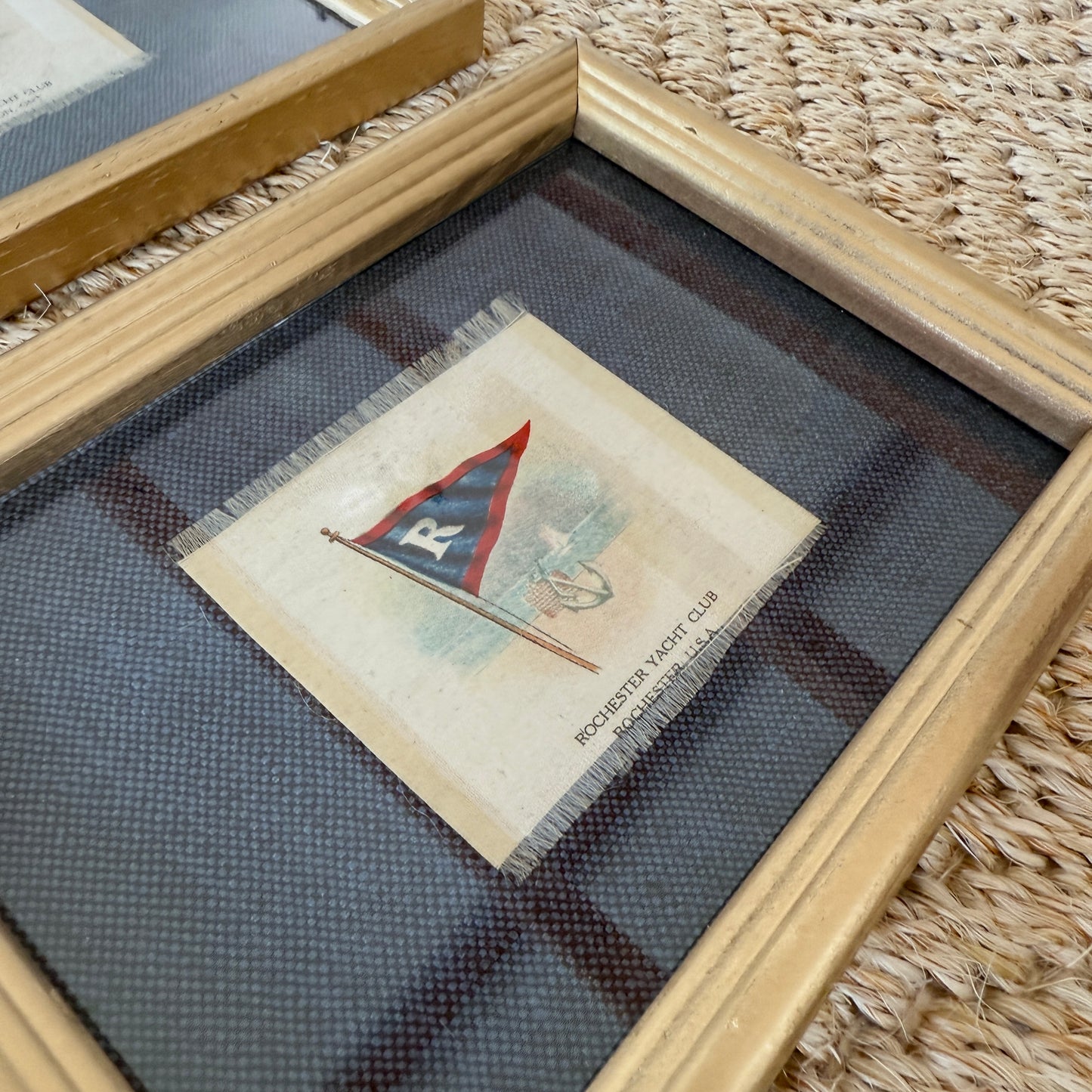Set of 4 Antique Yacht Boating Club Silks on Navy Linen in Gold Frames (Set E)