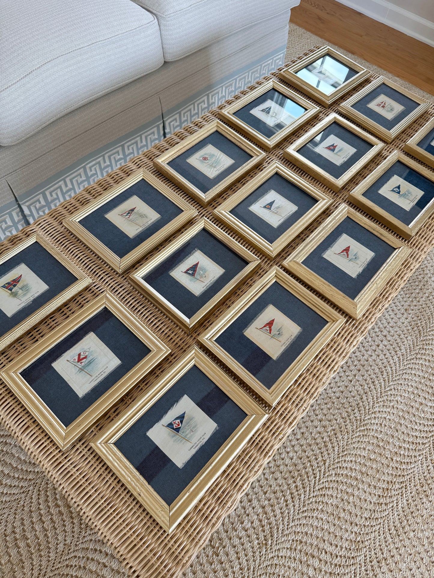 Set of 4 Antique Yacht Boating Club Silks on Navy Linen in Gold Frames (Set E)