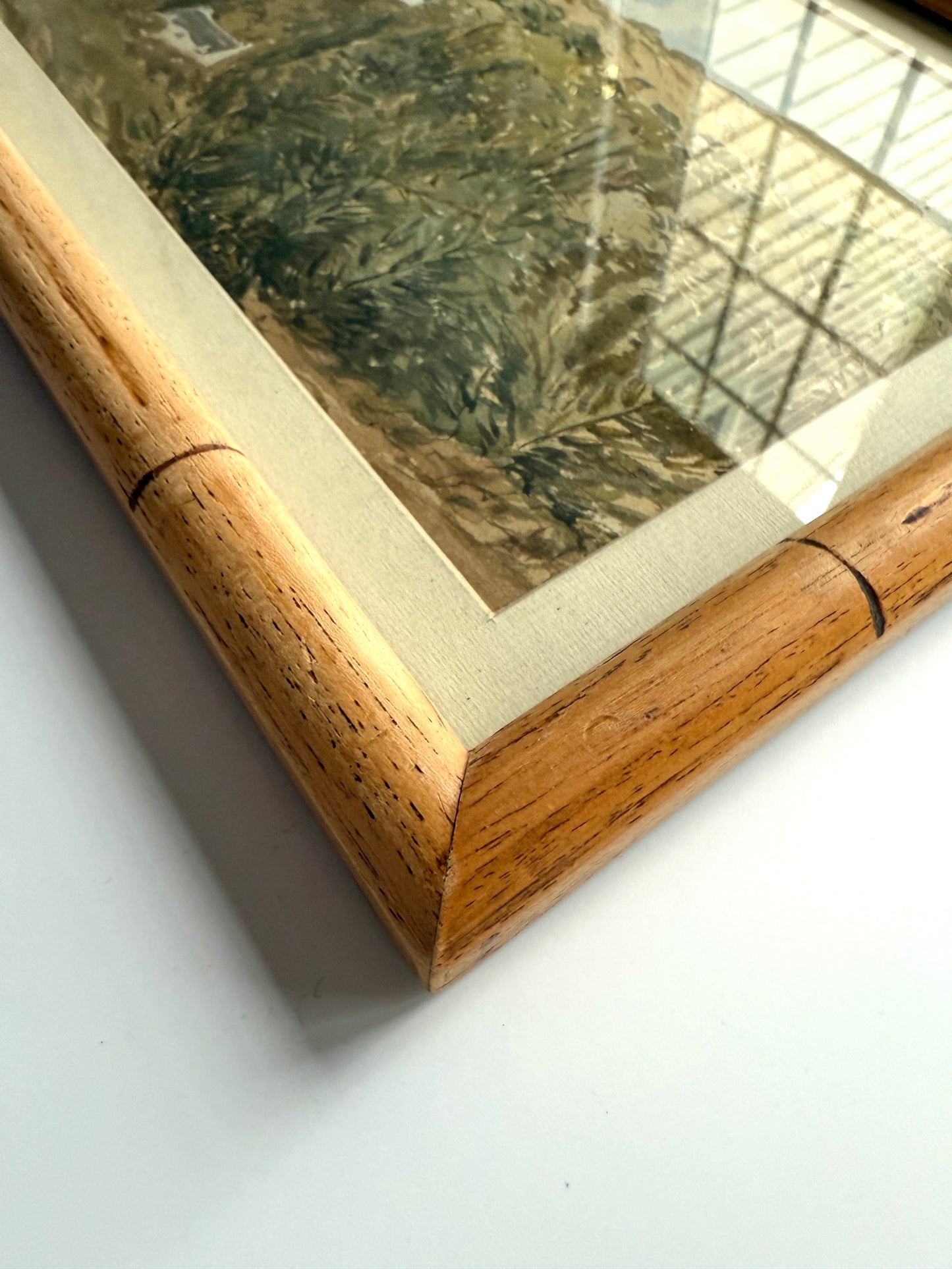 Early 20th Century Watercolor Country Landscape in Light Wood Bamboo Frame