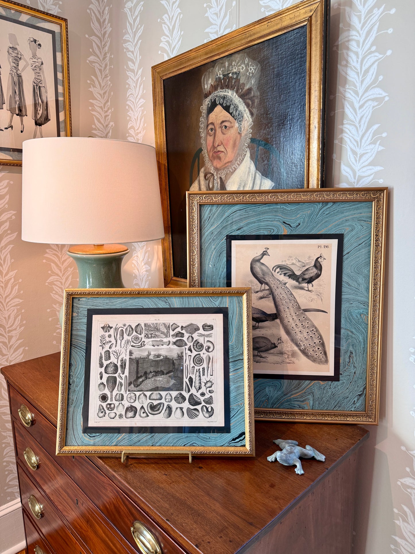 19th Century Peacock Engraving on Hand Marbled Paper in Vintage Gold Frame