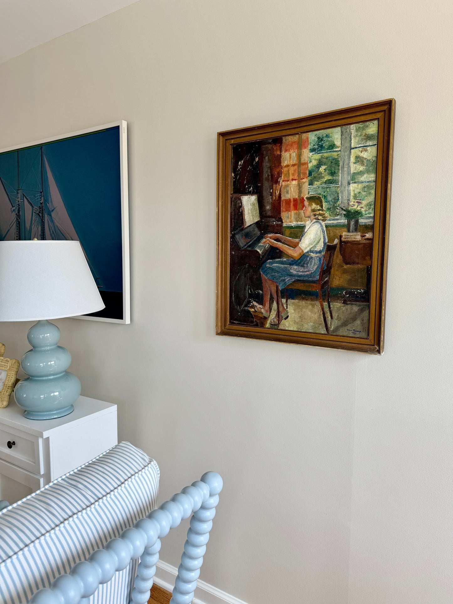 1945 Portrait of a Blonde Girl Playing the Piano Interior Oil Painting in Dark Gold Frame