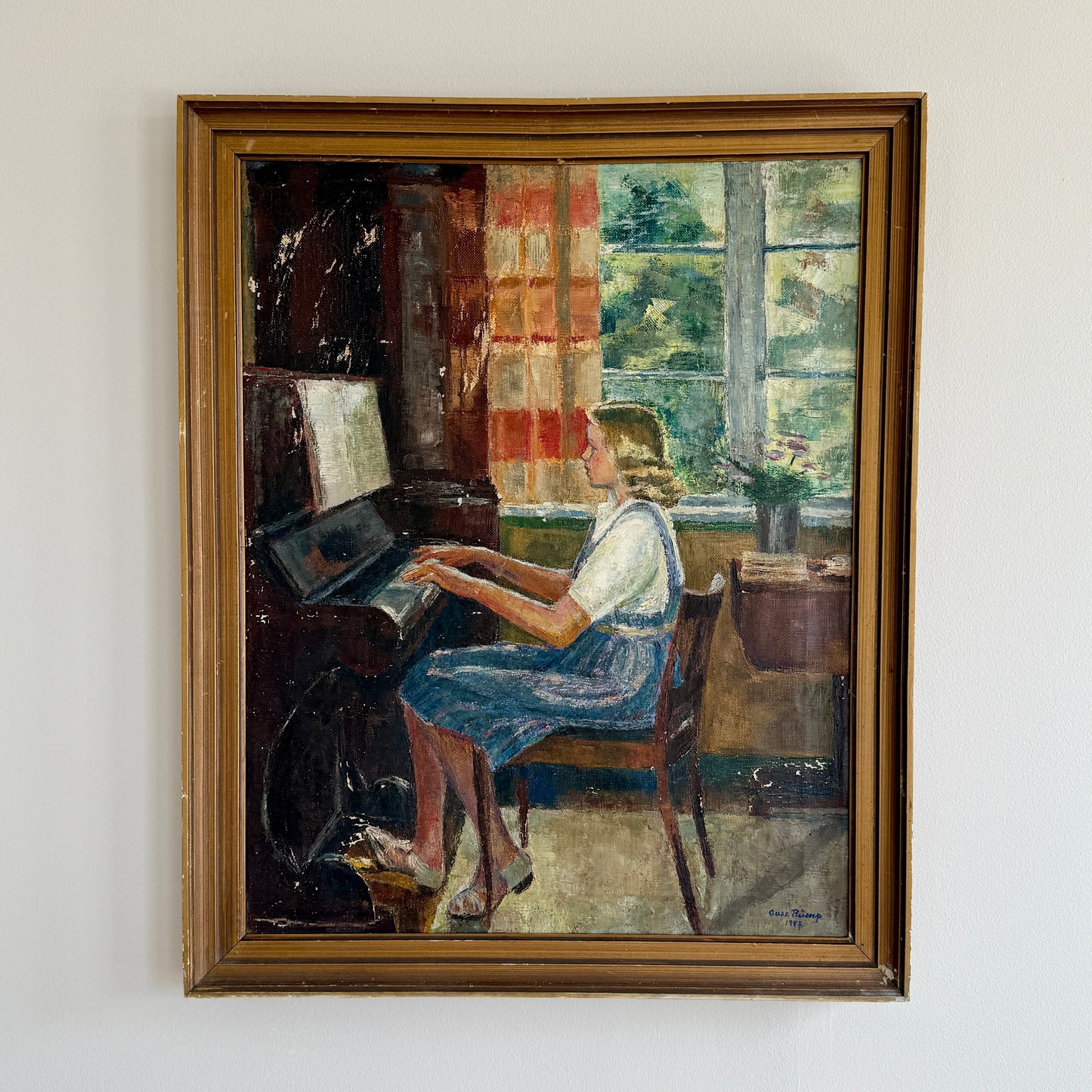 1945 Portrait of a Blonde Girl Playing the Piano Interior Oil Painting in Dark Gold Frame