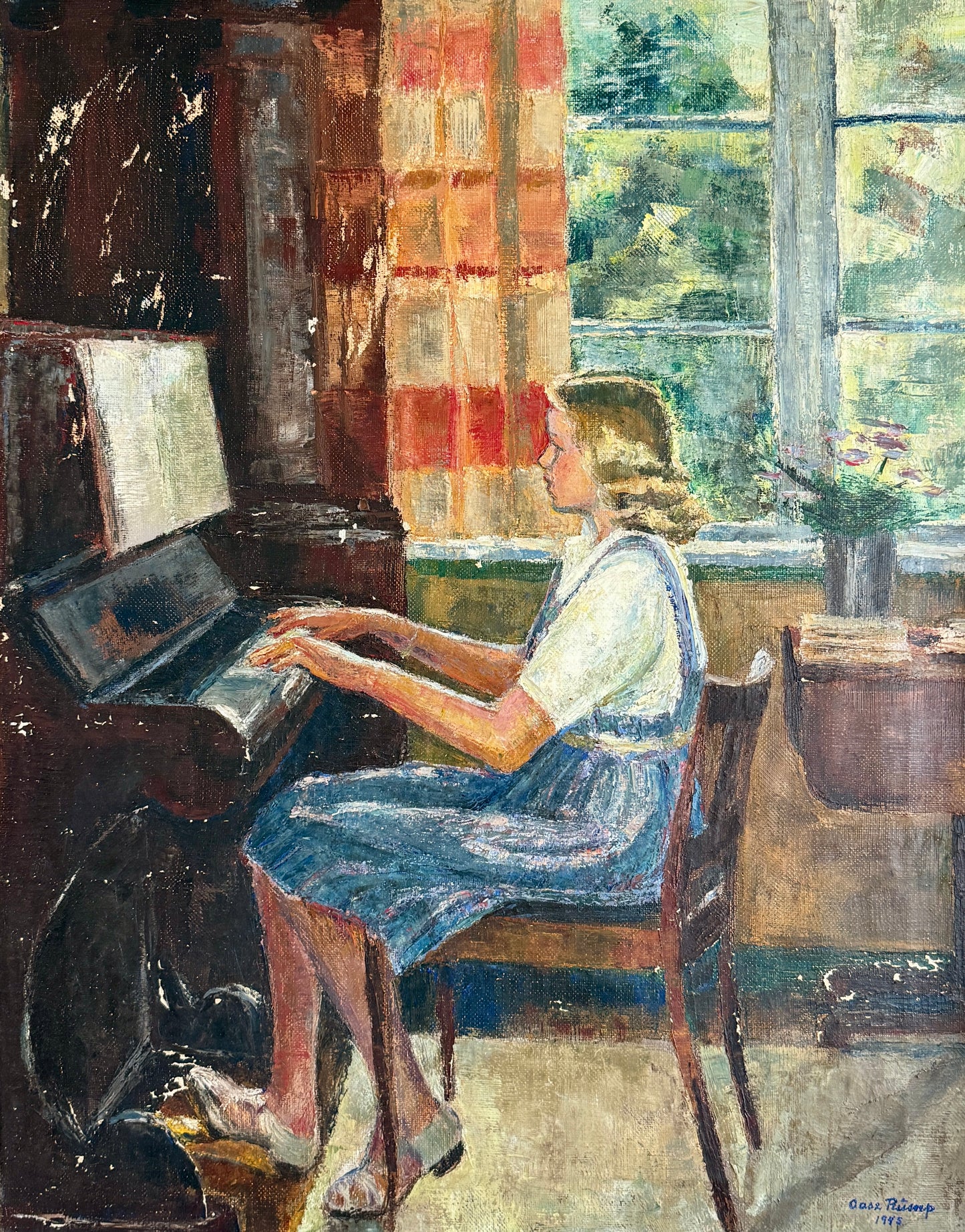 1945 Portrait of a Blonde Girl Playing the Piano Interior Oil Painting in Dark Gold Frame
